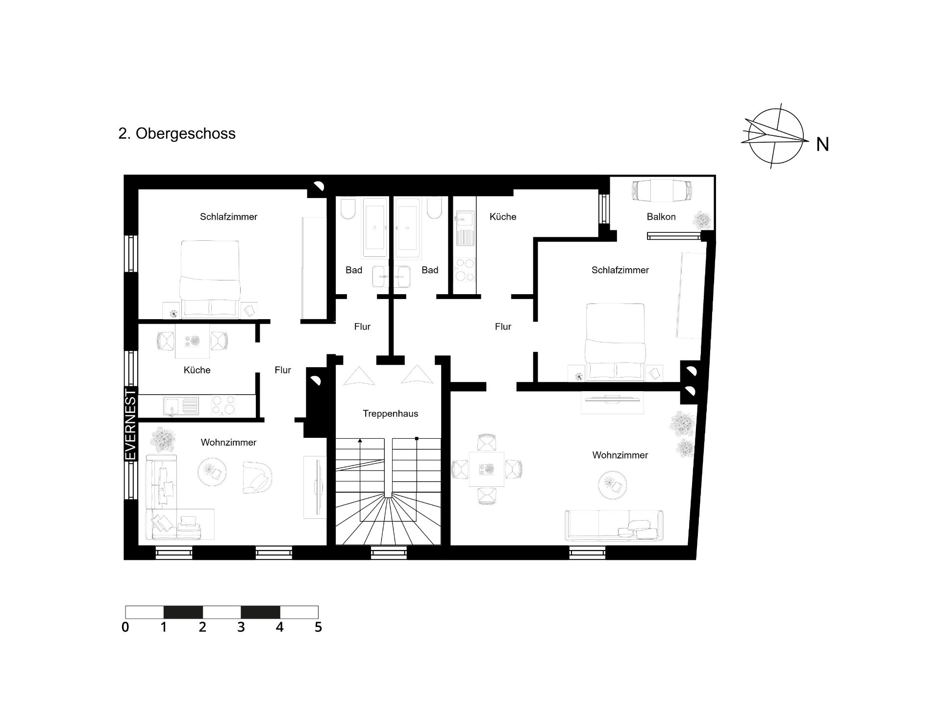 Grundriss des 2. Obergeschosses mit Schlafzimmern, Wohnzimmern, Küchen, Bädern und Balkon.