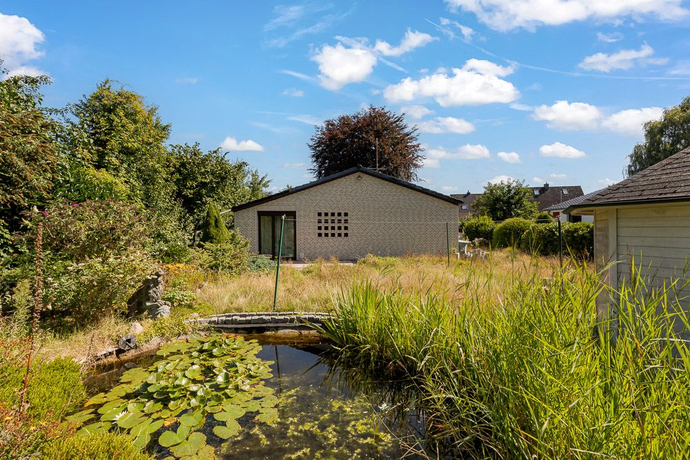 Garten mit Gartenteich, hohen Gräsern und Sicht auf ein Einfamilienhaus im Hintergrund.