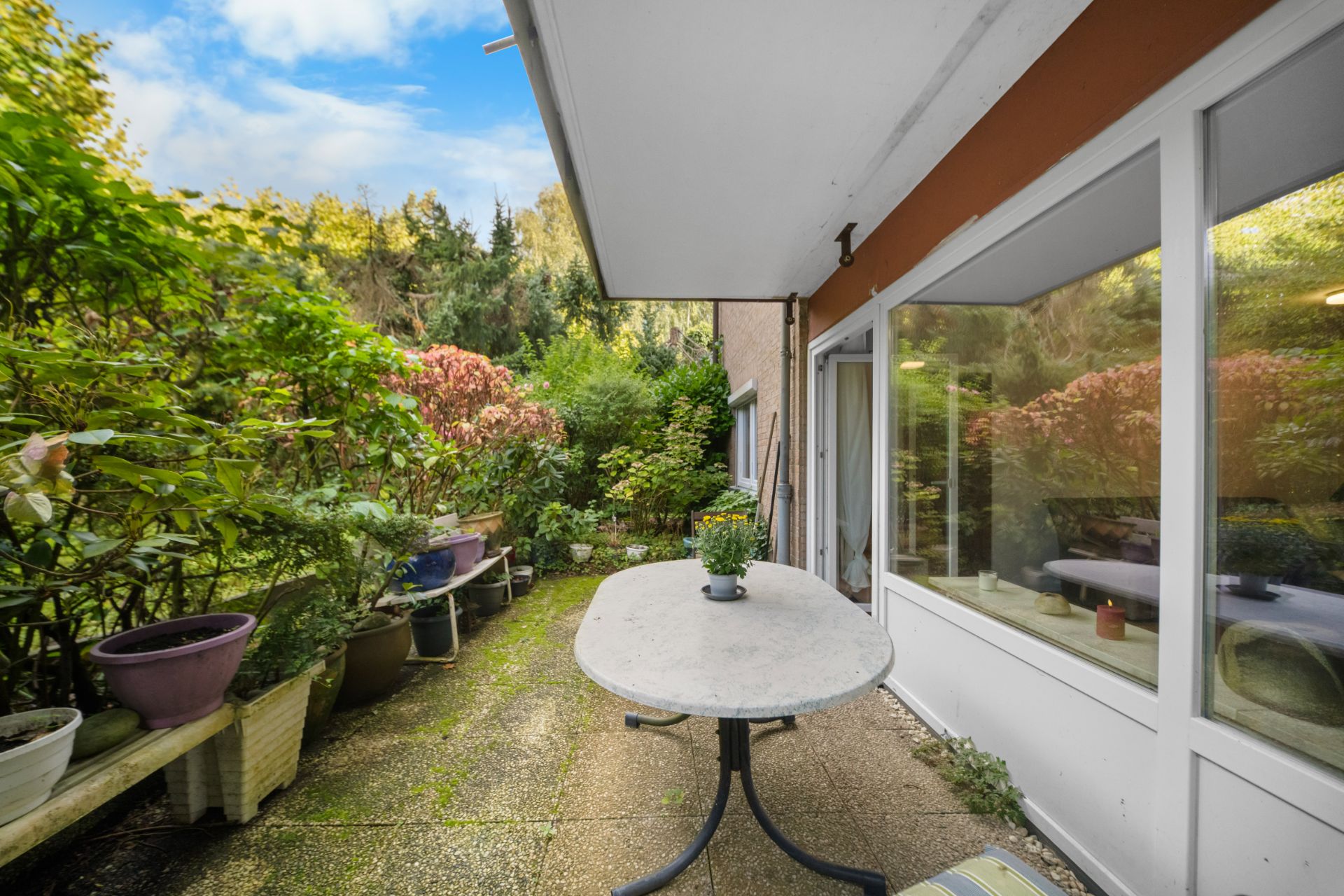 Terrasse mit Tisch, Stühlen, Blumentöpfen und Blick auf üppige Gartenpflanzen.