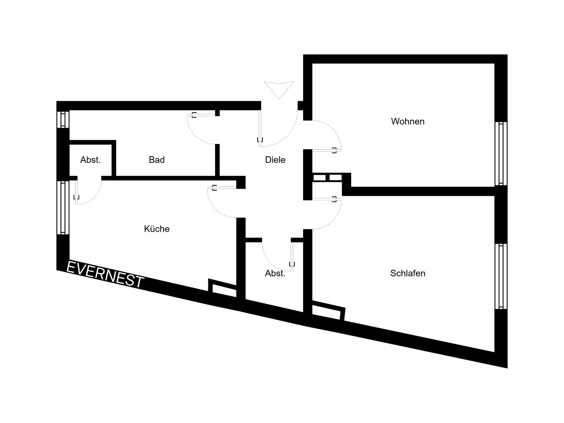 Wohnungsgrundriss mit Zimmern: Wohnen, Schlafen, Küche, Bad, Diele und zwei Abstellräumen.
