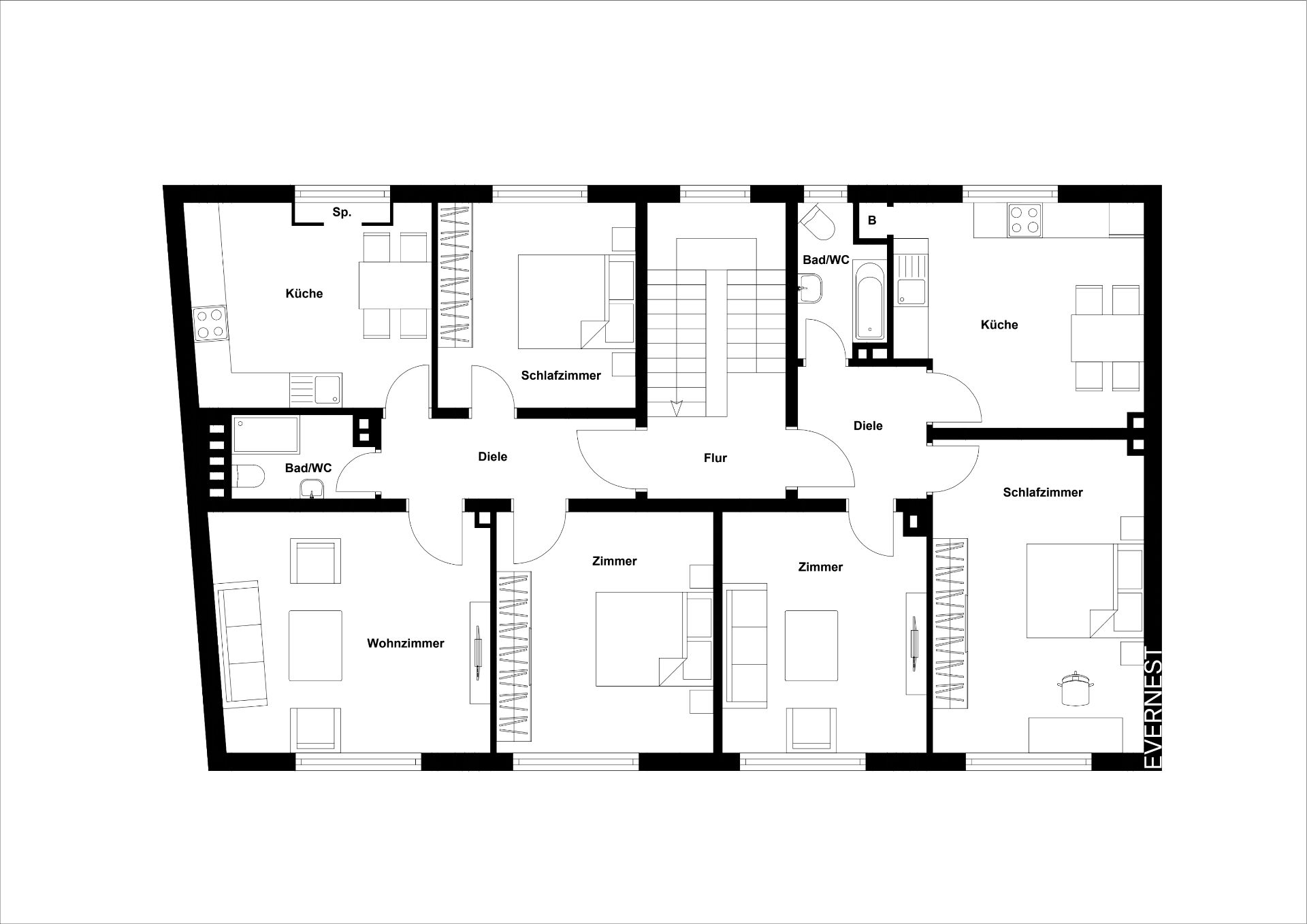 Grundriss einer Wohnung mit Wohnzimmer, Küchen, Zimmern, Schlafzimmern und Bädern.