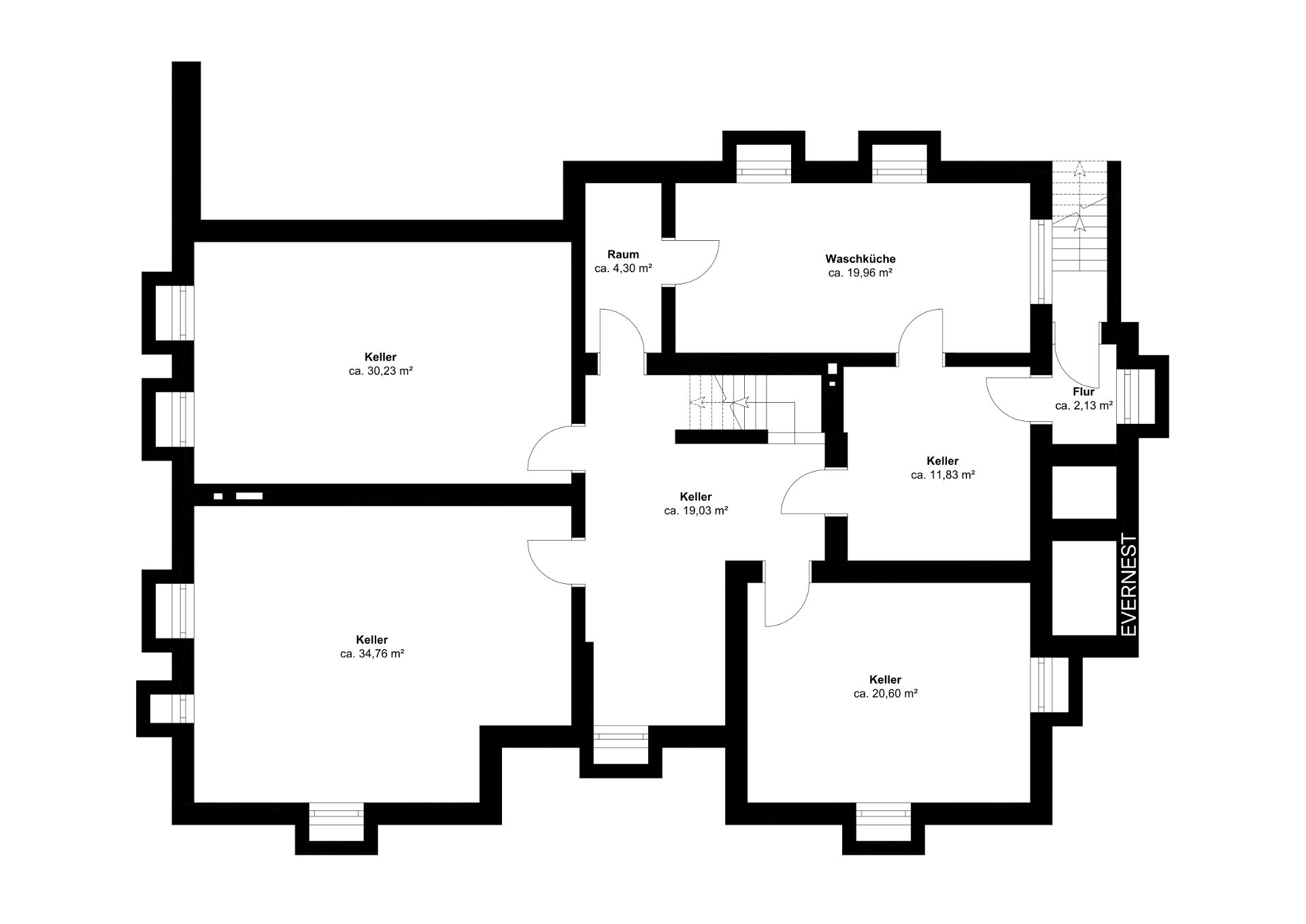 Grundriss eines Kellers mit mehreren Räumen, Waschküche und Flur, Maßangaben in Quadratmetern.