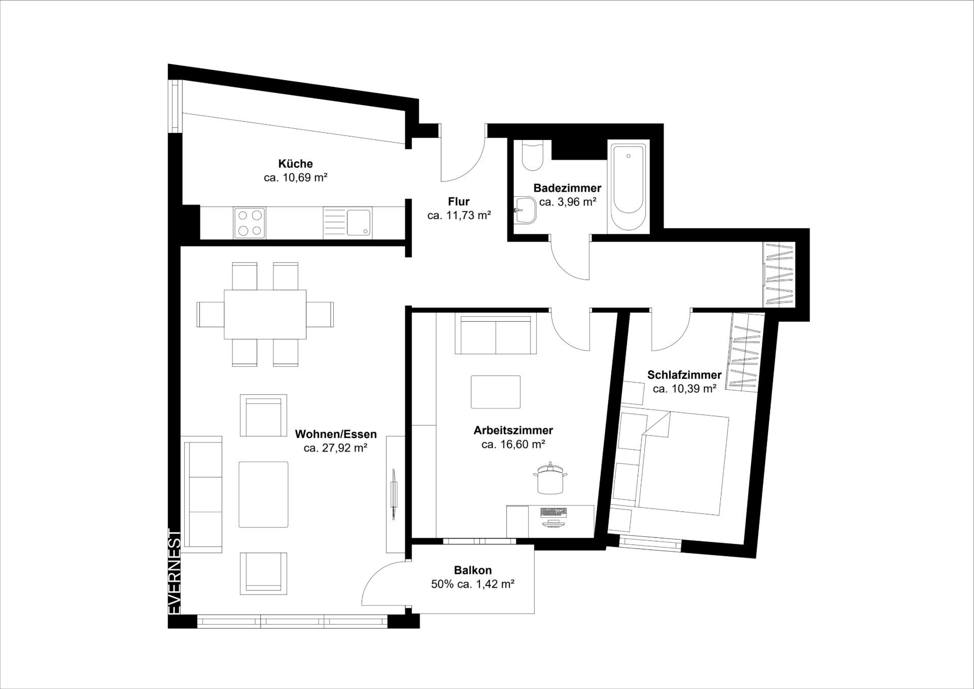 Grundriss einer Wohnung mit Küche, Wohnzimmer, Arbeitszimmer, Schlafzimmer, Bad und Balkon.