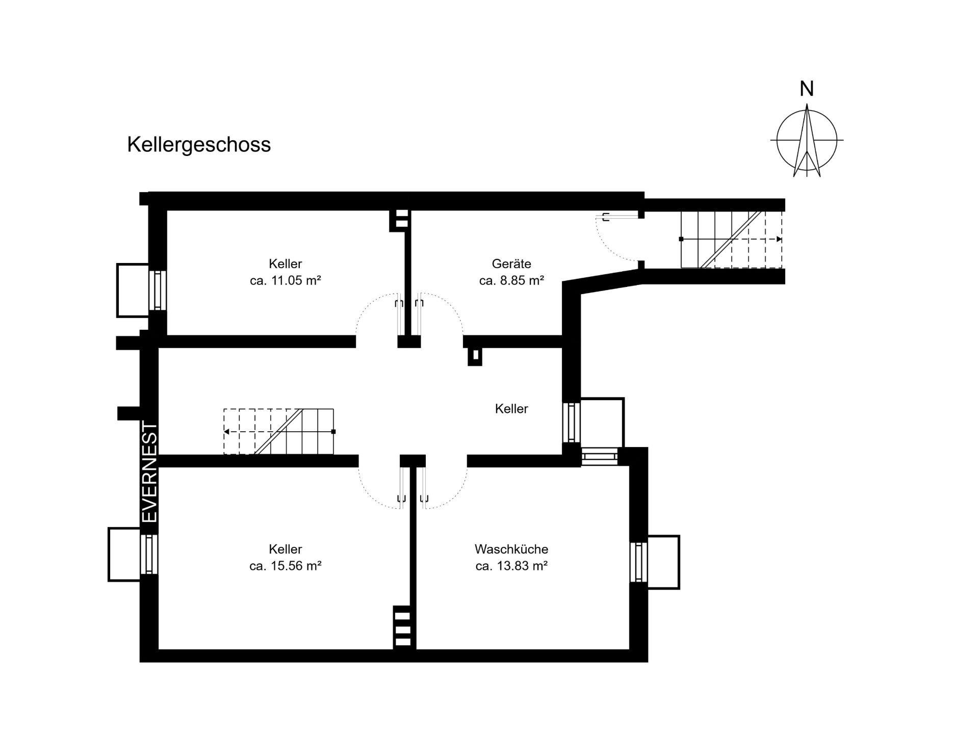 Grundriss des Kellergeschosses mit mehreren Kellerräumen und einer Waschküche.