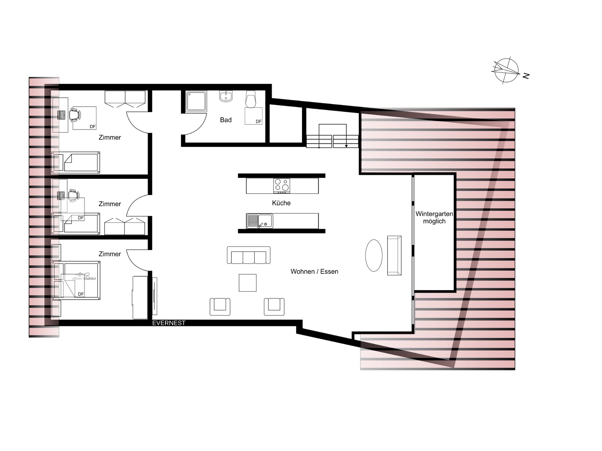 Grundriss einer Wohnung mit drei Zimmern, Bad, Küche und großem Wohn-Essbereich.