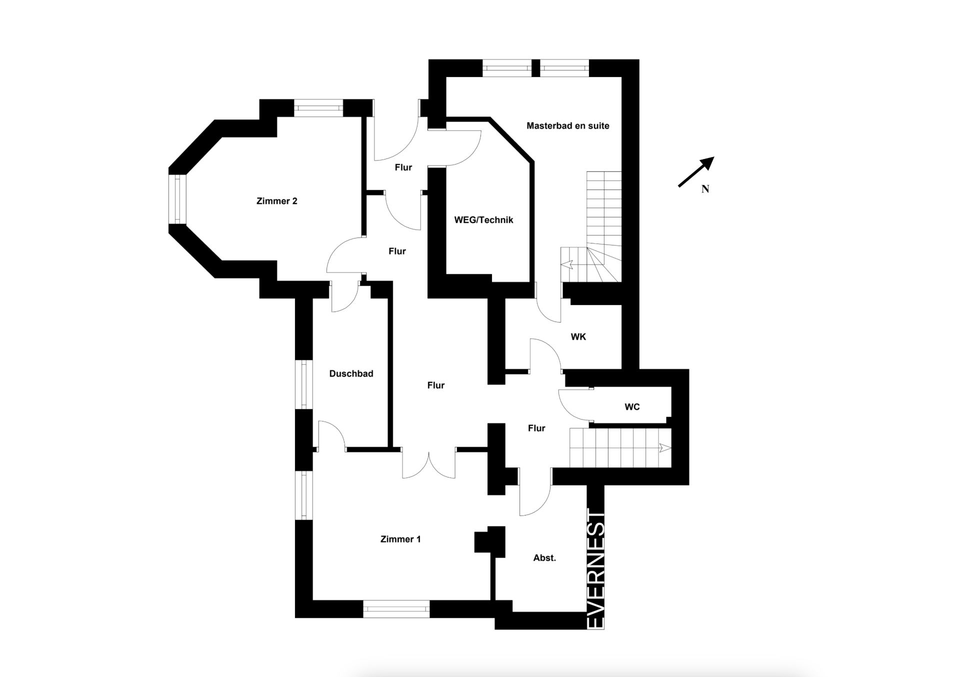 Grundriss mit zwei Zimmern, zwei Bädern, Flur, Abstellraum, Technikraum und Treppe.