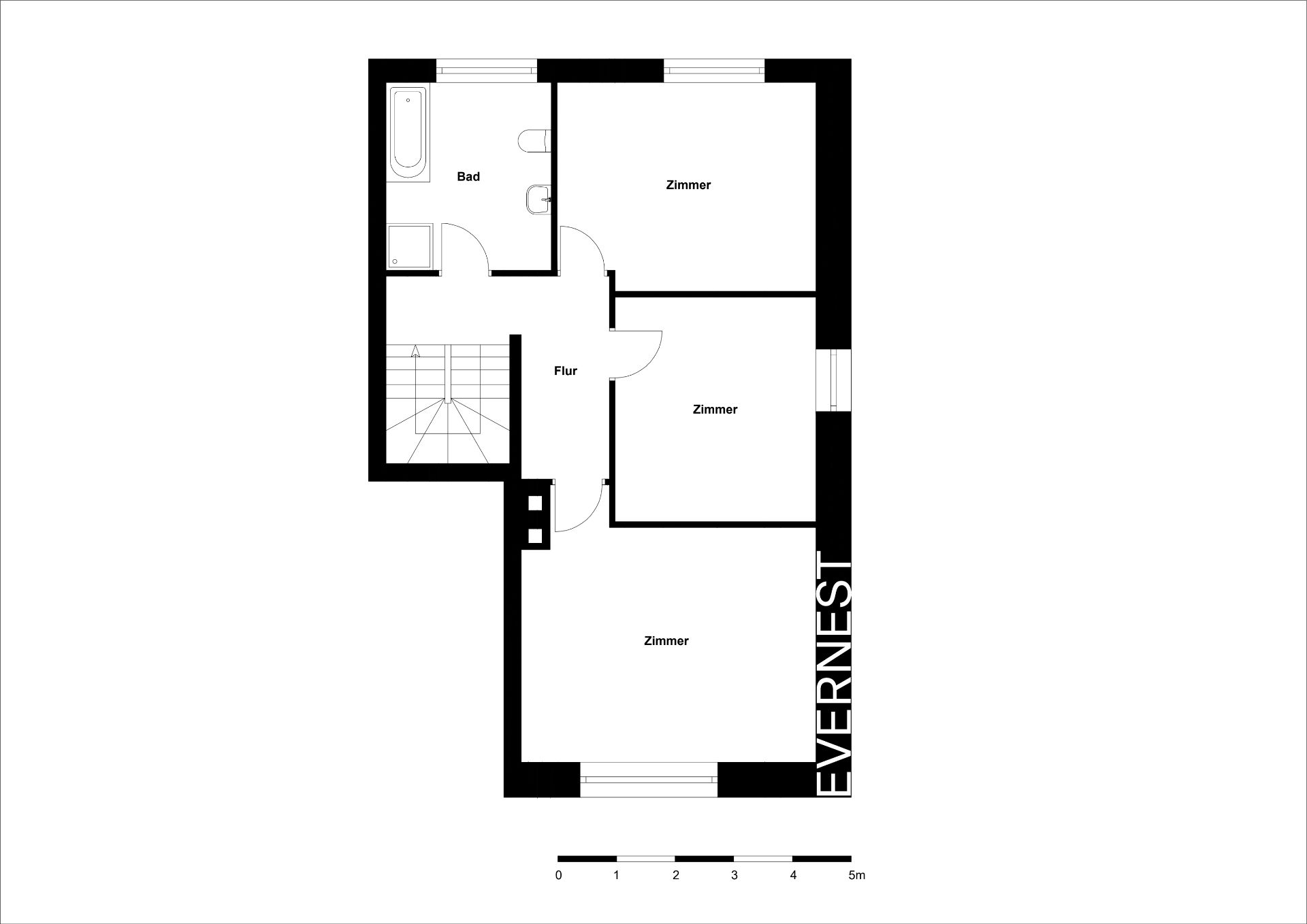 Grundriss mit Flur, Bad und drei Zimmern, Treppe links.