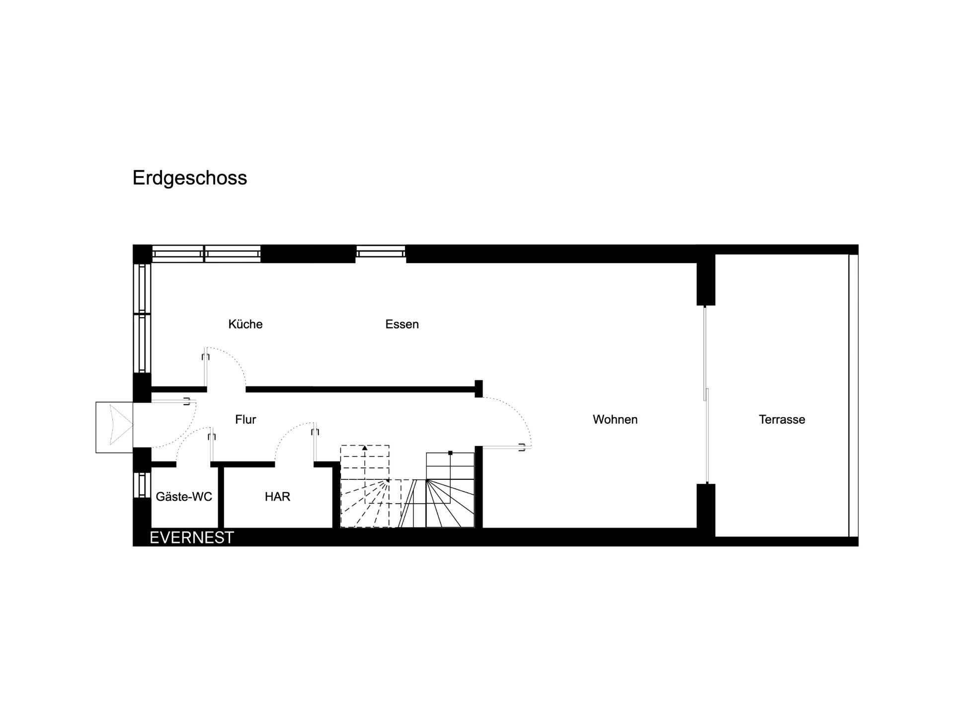 Grundriss des Erdgeschosses mit Küche, Essbereich, Wohnzimmer, Terrasse, Flur, HAR und Gäste-WC.