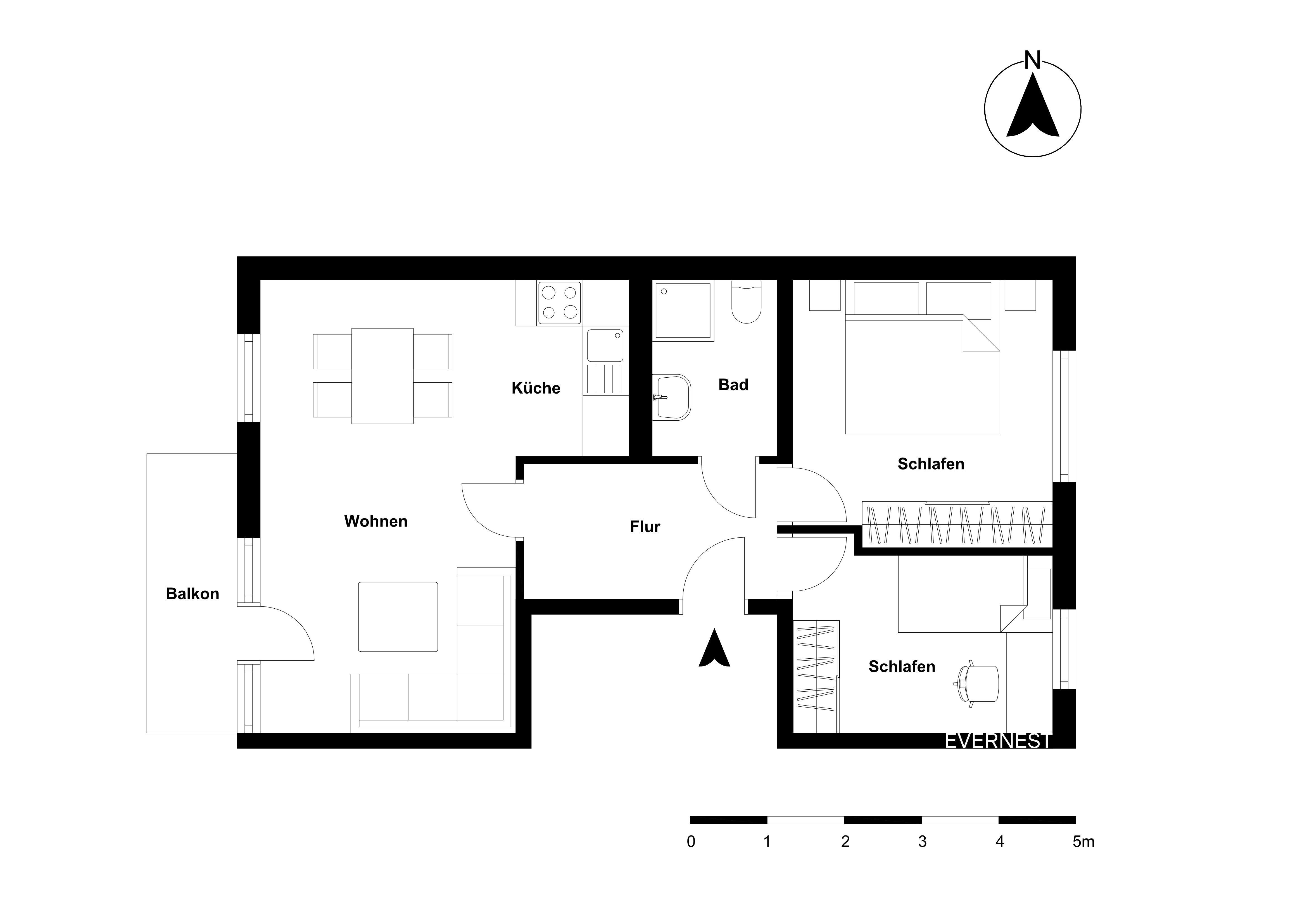 Grundriss mit zwei Schlafzimmern, Wohnzimmer, Küche, Bad, Flur und Balkon.