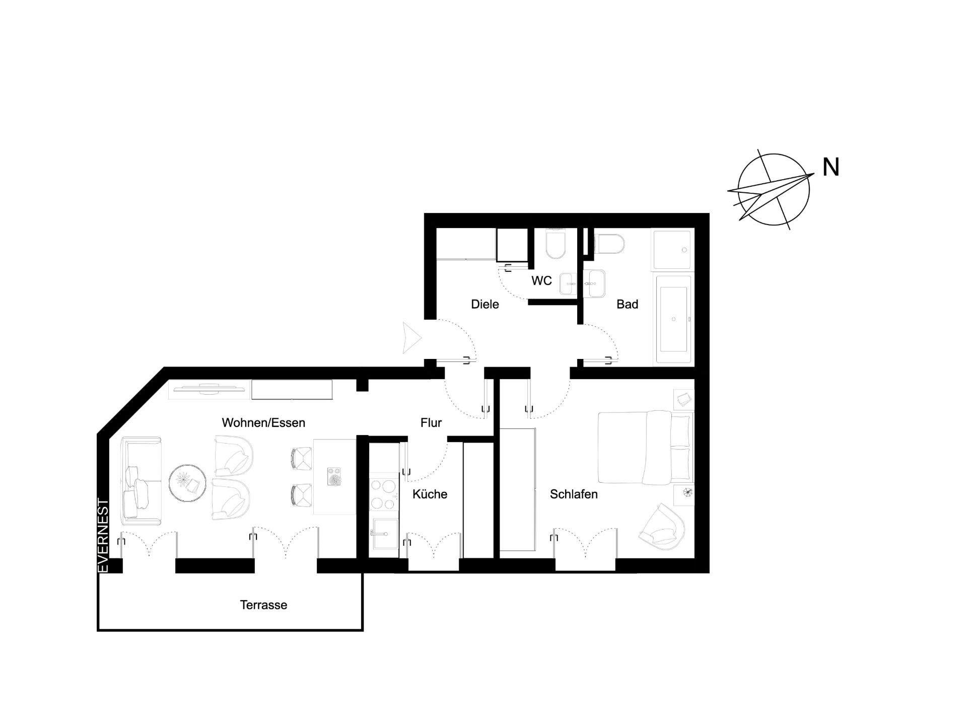 Grundriss einer Wohnung mit Schlafzimmer, Bad, WC, Küche, Wohnbereich und Terrasse.