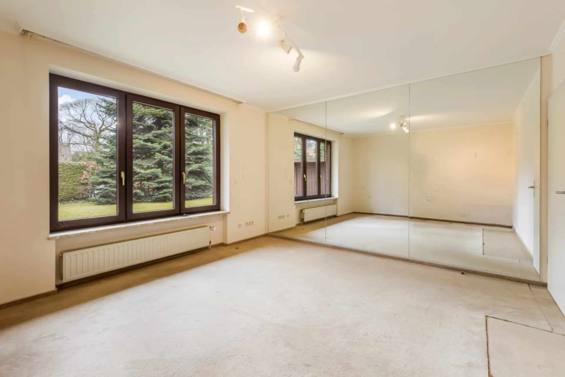 Leerer Raum mit Teppichboden, großem Fenster und Wandspiegel, Blick auf Garten.