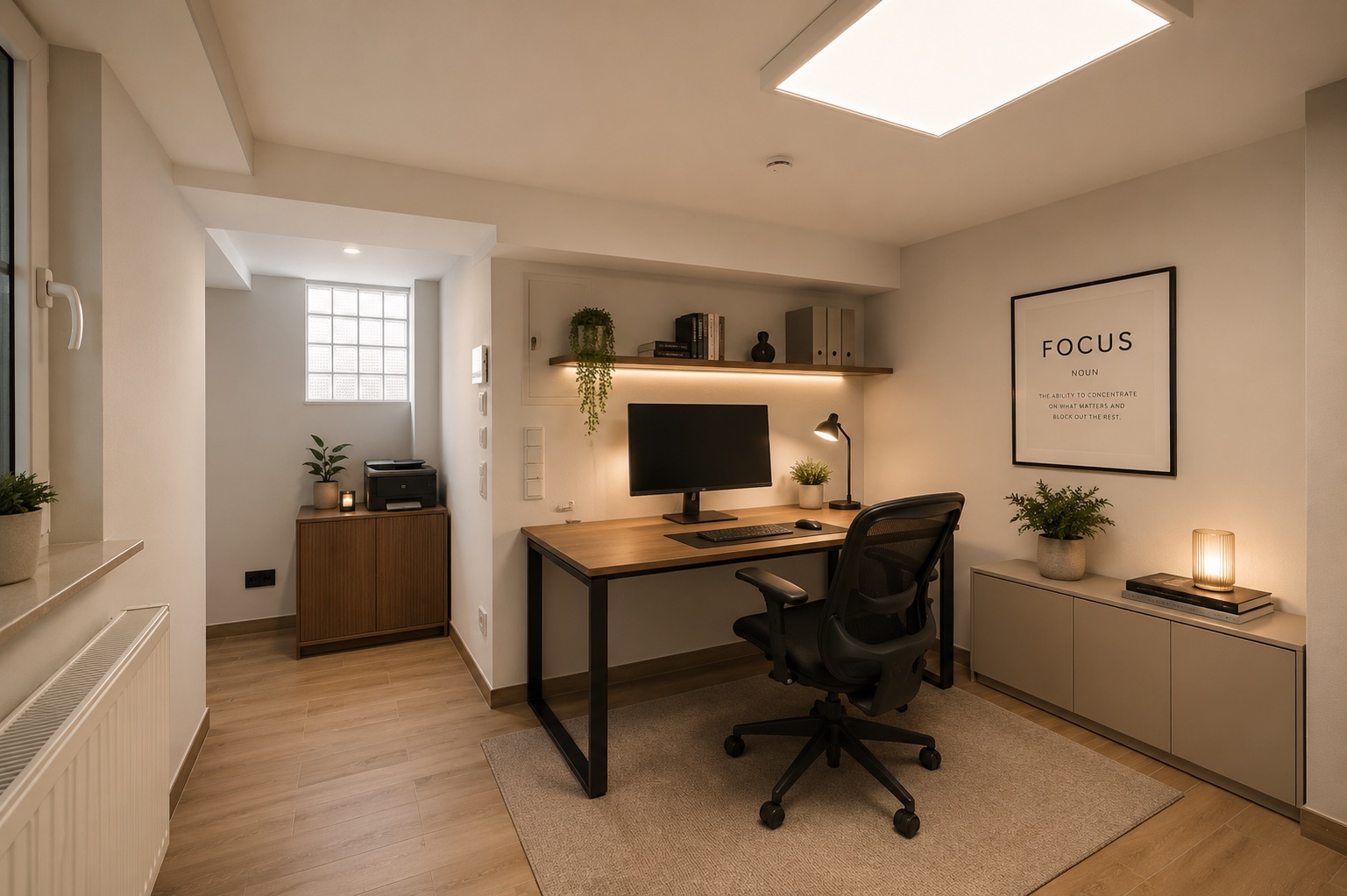 Helles Homeoffice mit Schreibtisch, Bürostuhl, Computer und Pflanzen, modernes Design.