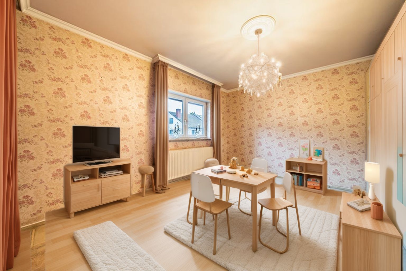 Helles Zimmer mit Holzmöbeln, Blumtapete, Tisch, Stühlen und Fernseher auf Sideboard.
