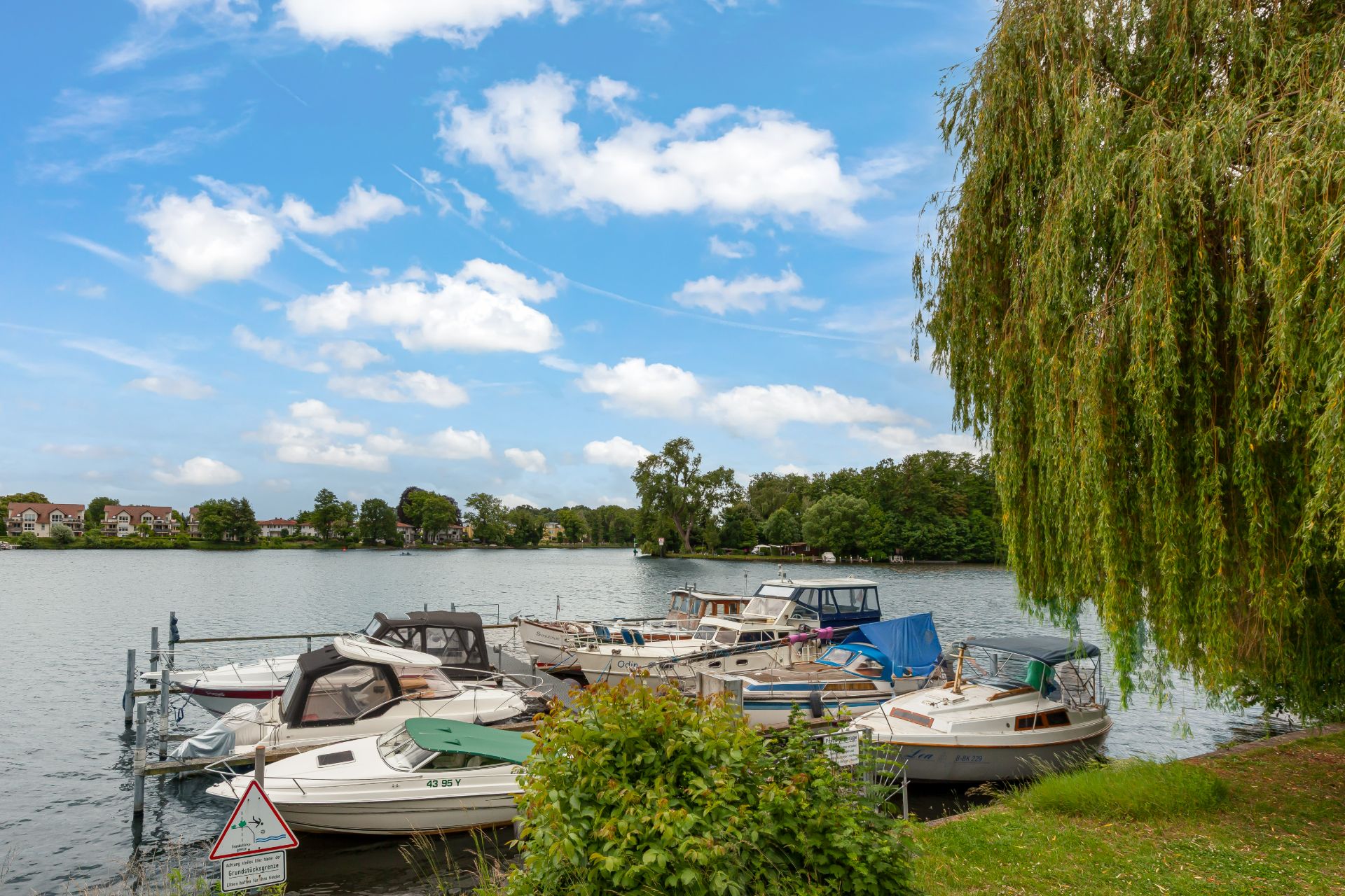 Mehrere Boote liegen an einem kleinen Steg an einem ruhigen See, rechts ein großer Baum.
