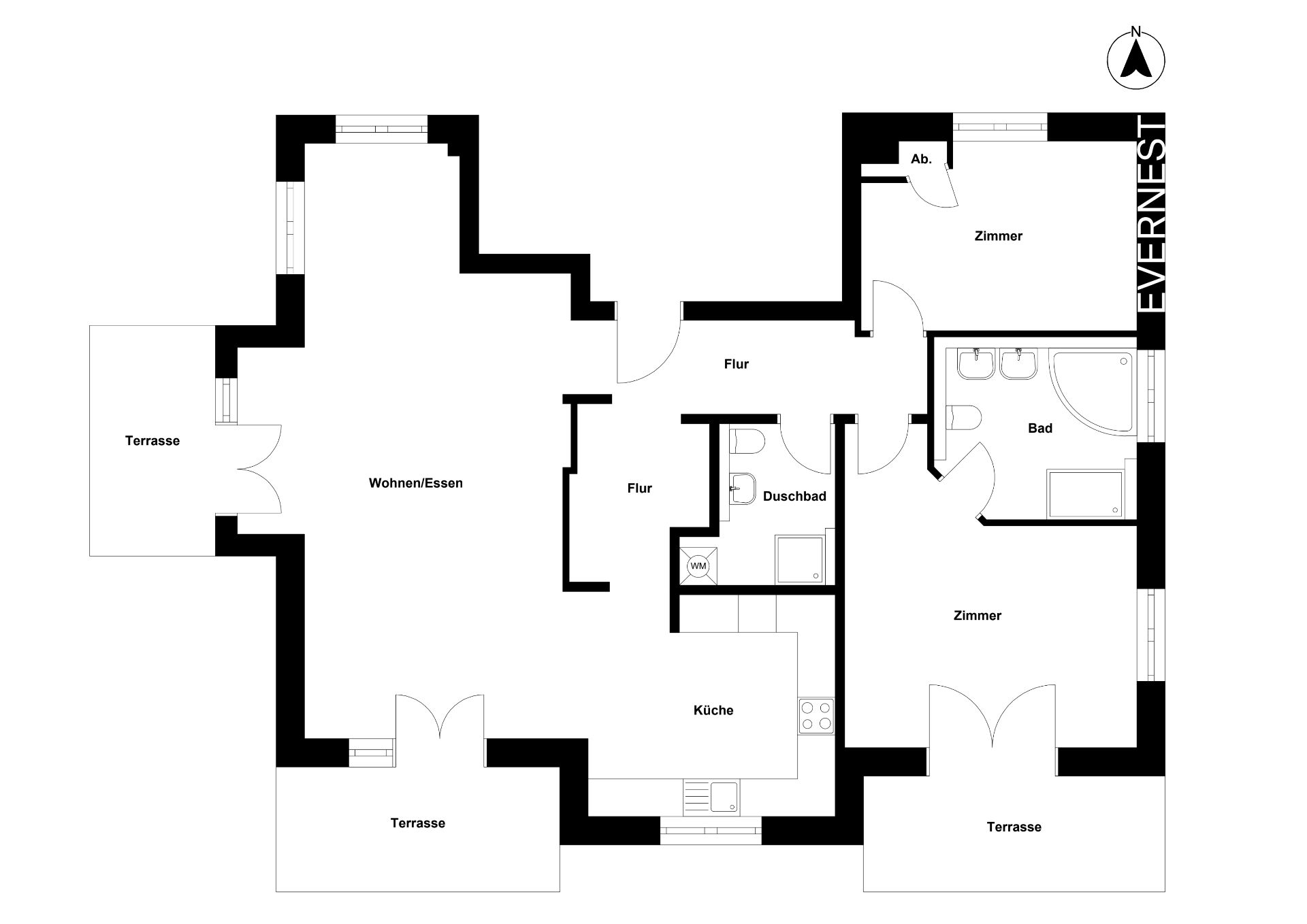 Grundriss einer Wohnung mit zwei Zimmern, Küche, zwei Bädern und drei Terrassen.