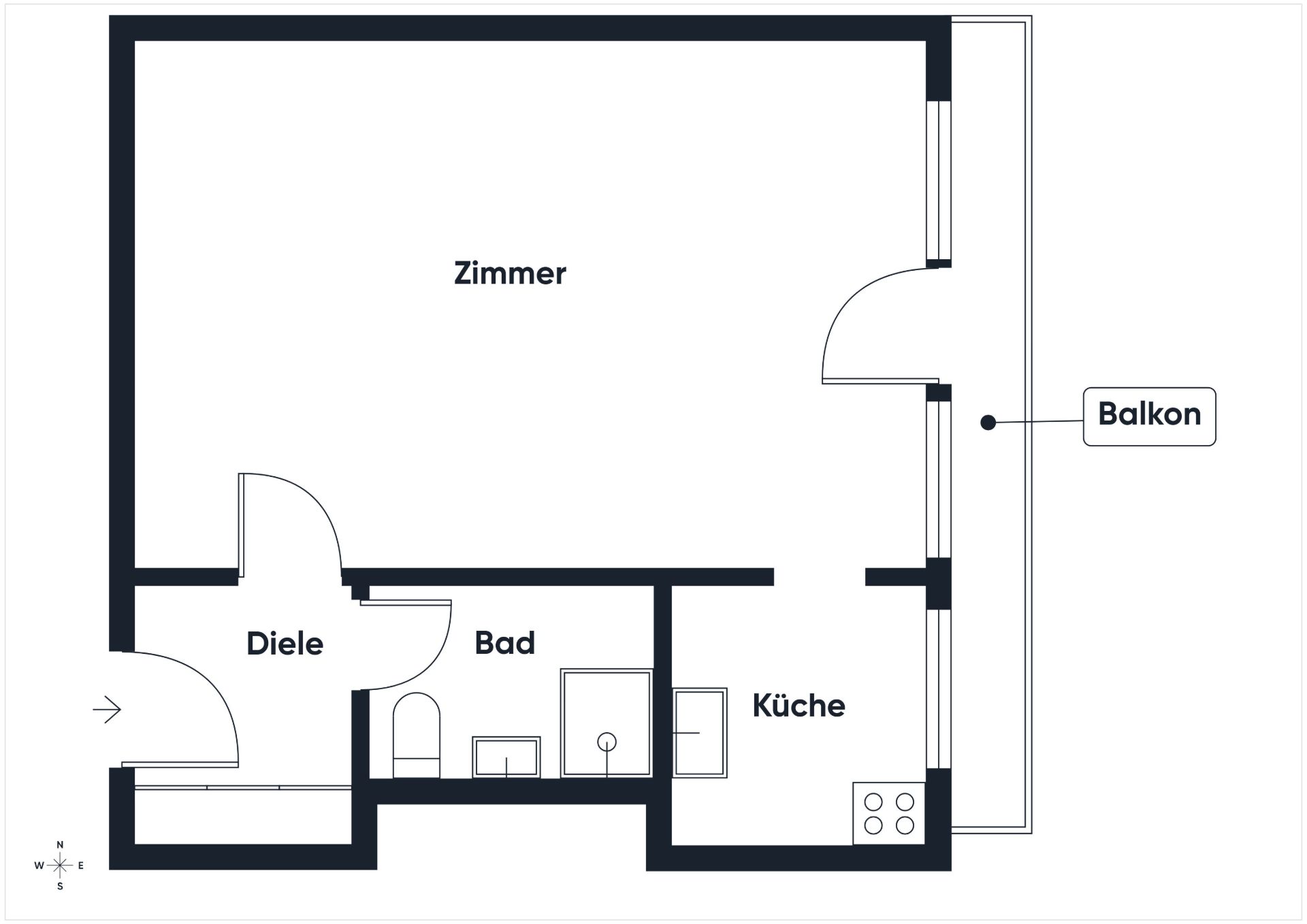 Grundriss einer Wohnung mit Zimmer, Küche, Bad, Diele und Balkon.