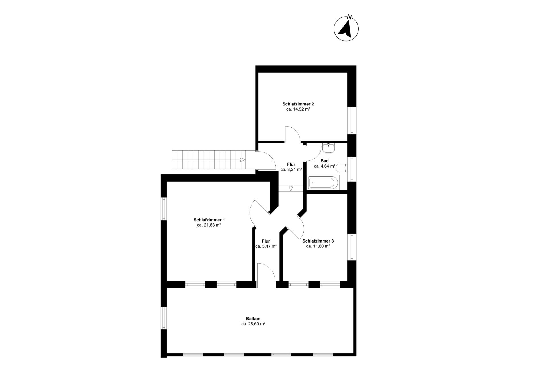Grundriss mit drei Schlafzimmern, einem Bad, zwei Fluren und einem großen Balkon.