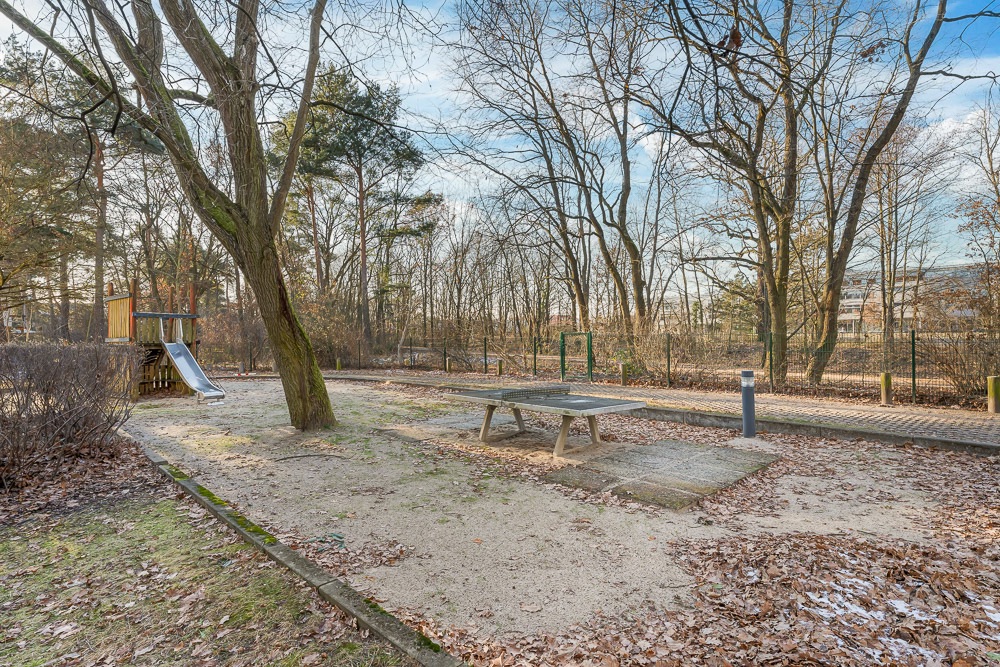 Außenbereich mit Tischtennisplatte, Rutsche und Bäumen in herbstlicher Umgebung.