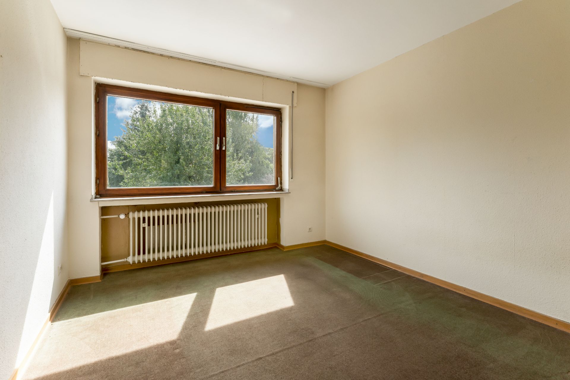 Leeres Zimmer mit großem Fenster, Heizung darunter und Blick auf Bäume.