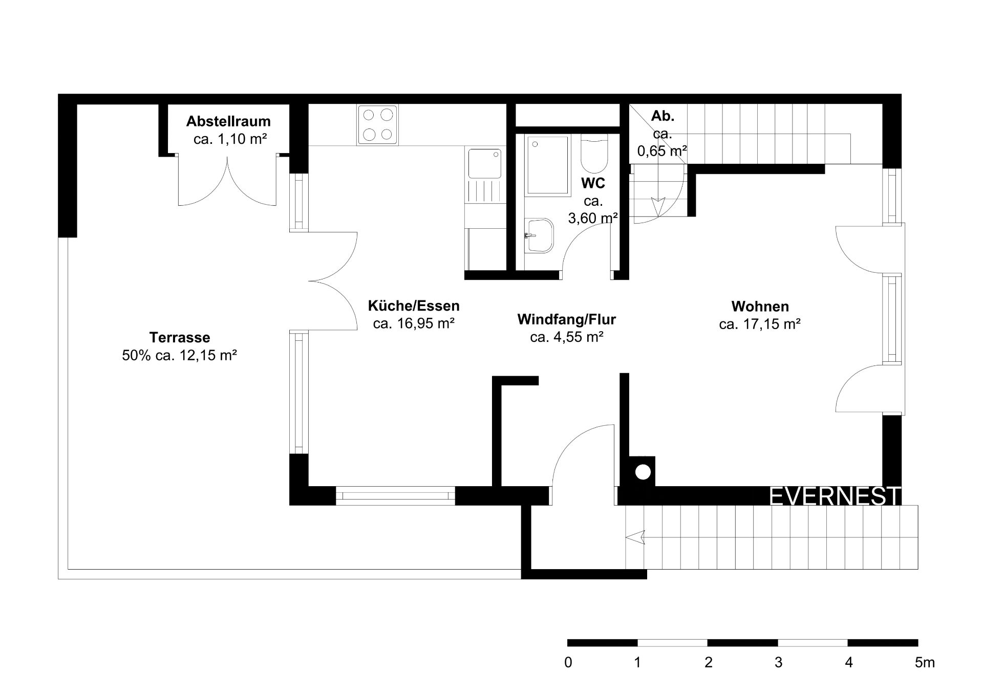 Grundriss einer Wohnung mit Terrasse, Küche, Wohnzimmer, WC, Abstellräumen und Flur.