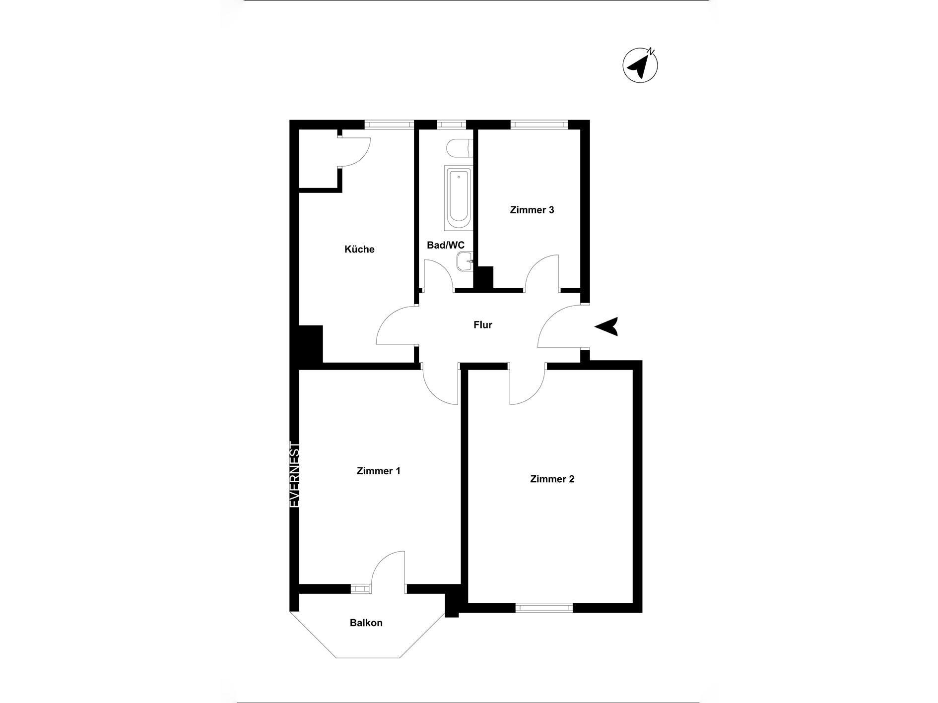 Grundriss mit drei Zimmern, Küche, Bad/WC, Flur und Balkon.