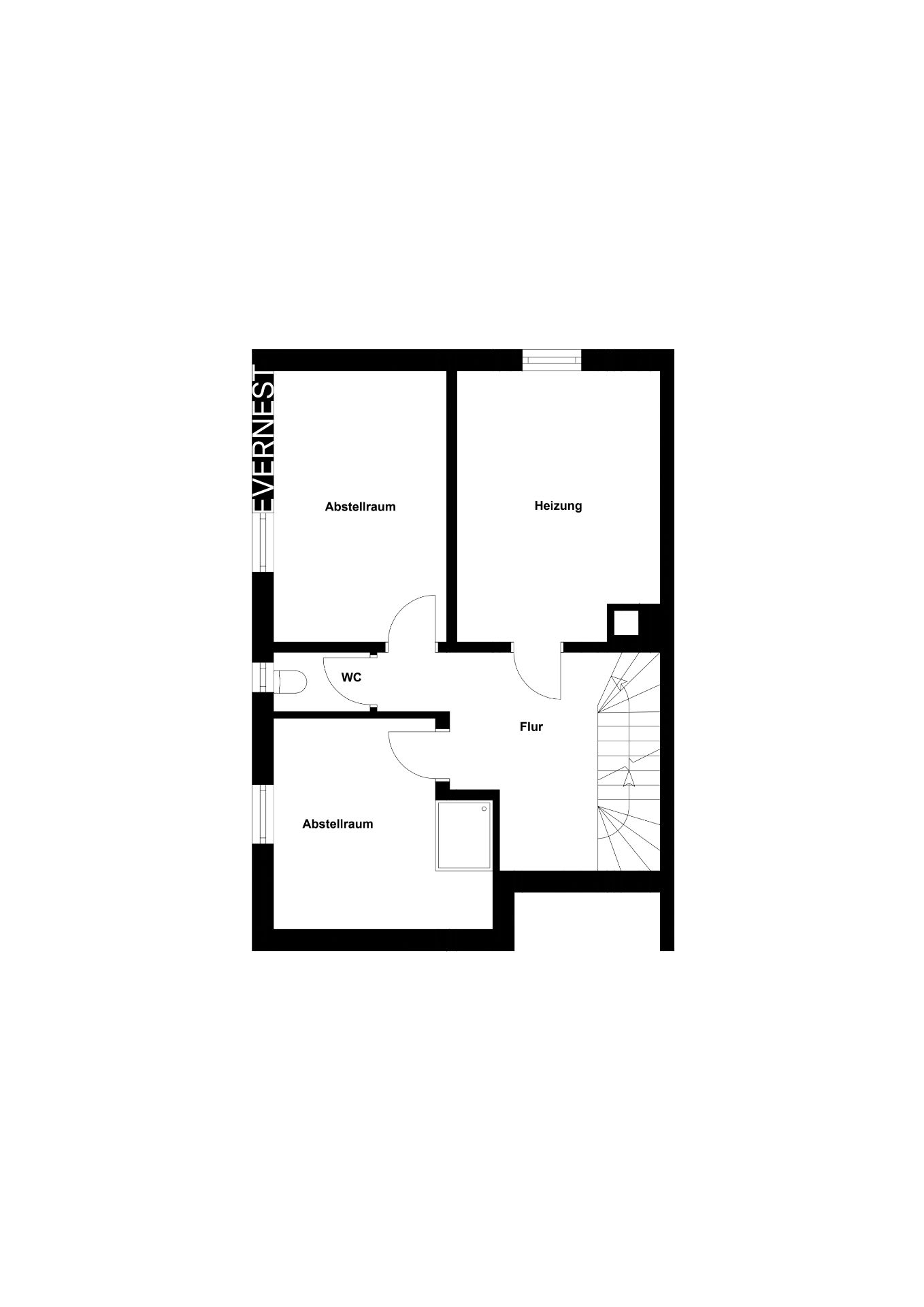 Grundriss eines Wohnhauses mit zwei Abstellräumen, Heizung, WC, Flur und Treppenhaus.