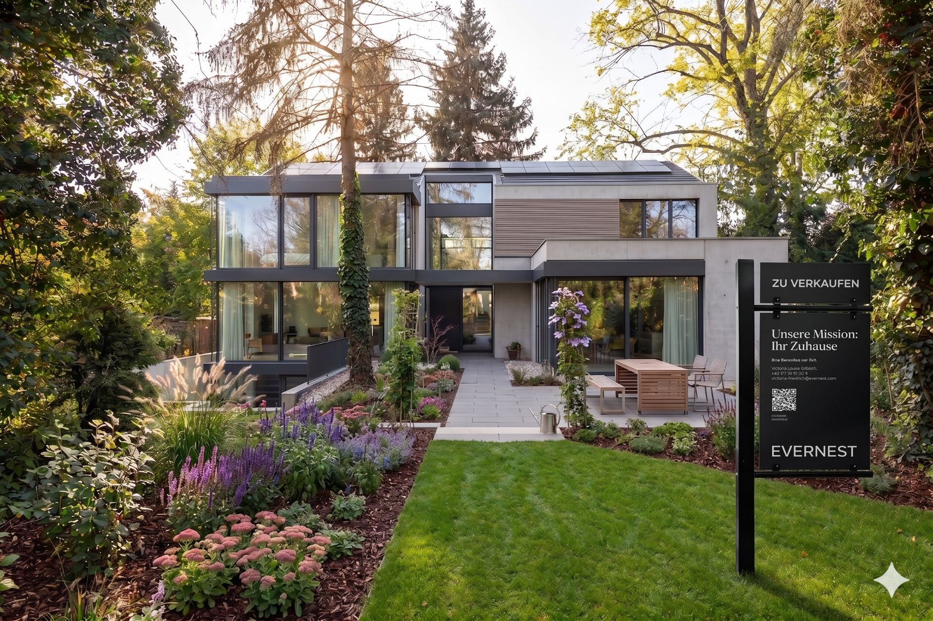 Modernes Wohnhaus mit großen Fenstern, Garten und Verkaufsschild im Vordergrund.
