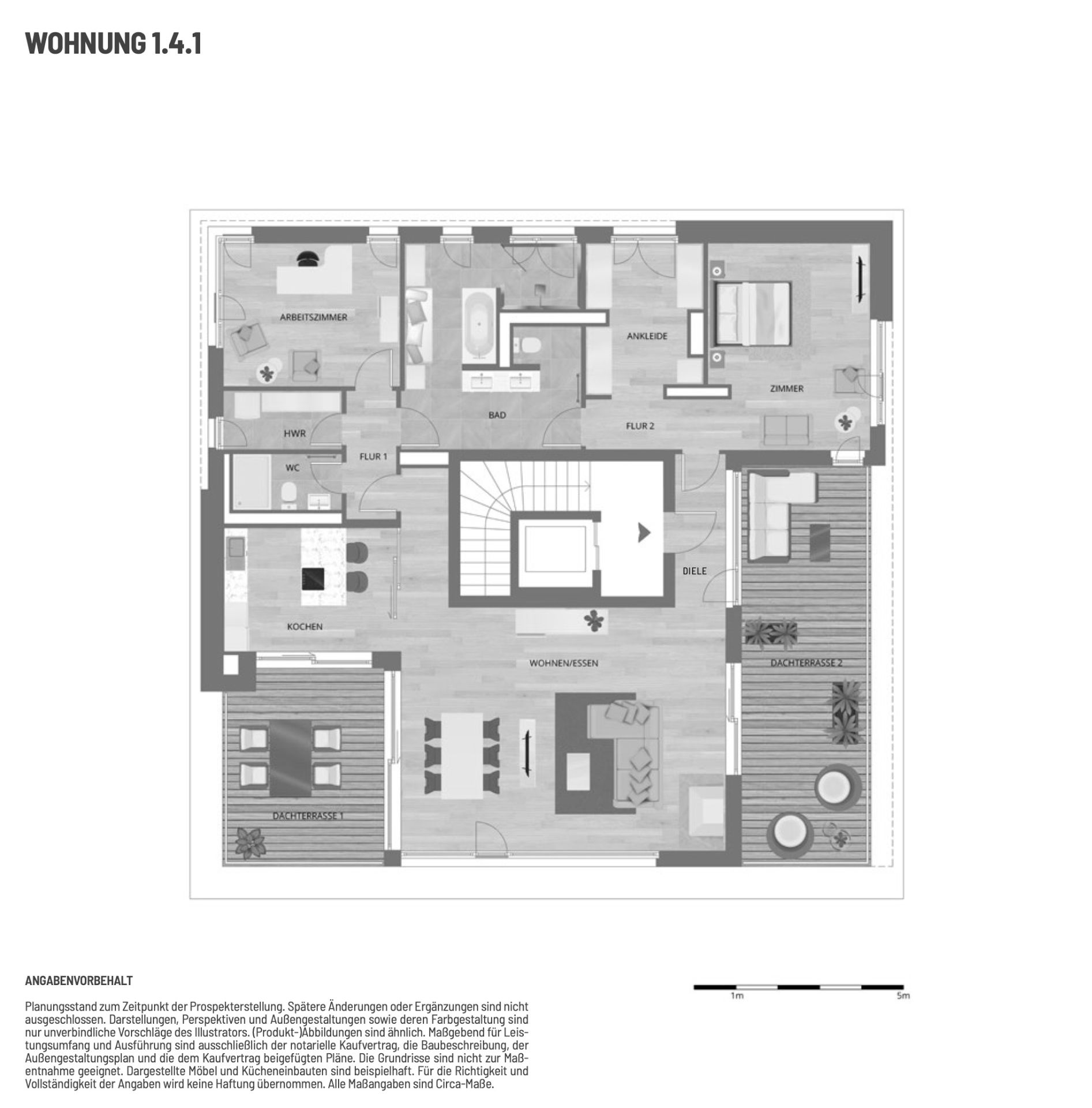 Grundriss einer Wohnung mit mehreren Zimmern, zwei Dachterrassen, Bad, Küche, Wohn- und Essbereich.