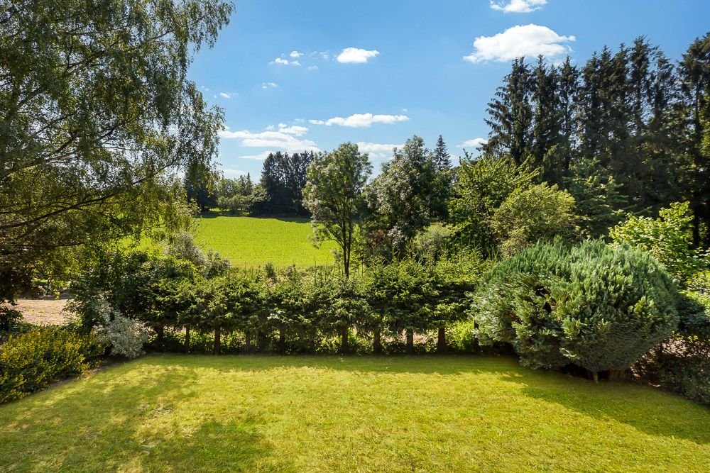 Garten mit Rasenfläche, Hecken und Bäumen, dahinter Wiese und Wald unter blauem Himmel.