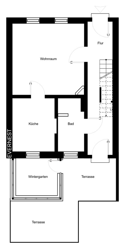 Grundriss mit Wohnraum, Küche, Bad, Flur, Wintergarten und zwei Terrassen.