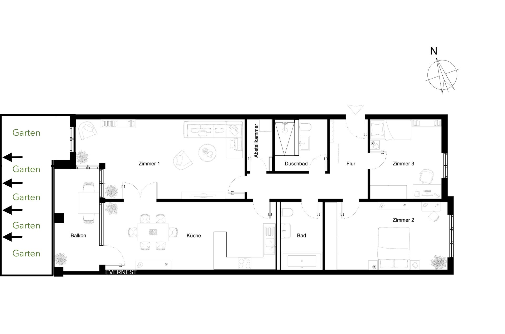Grundriss einer Wohnung mit drei Zimmern, Küche, Balkon, zwei Bädern und Zugang zum Garten.