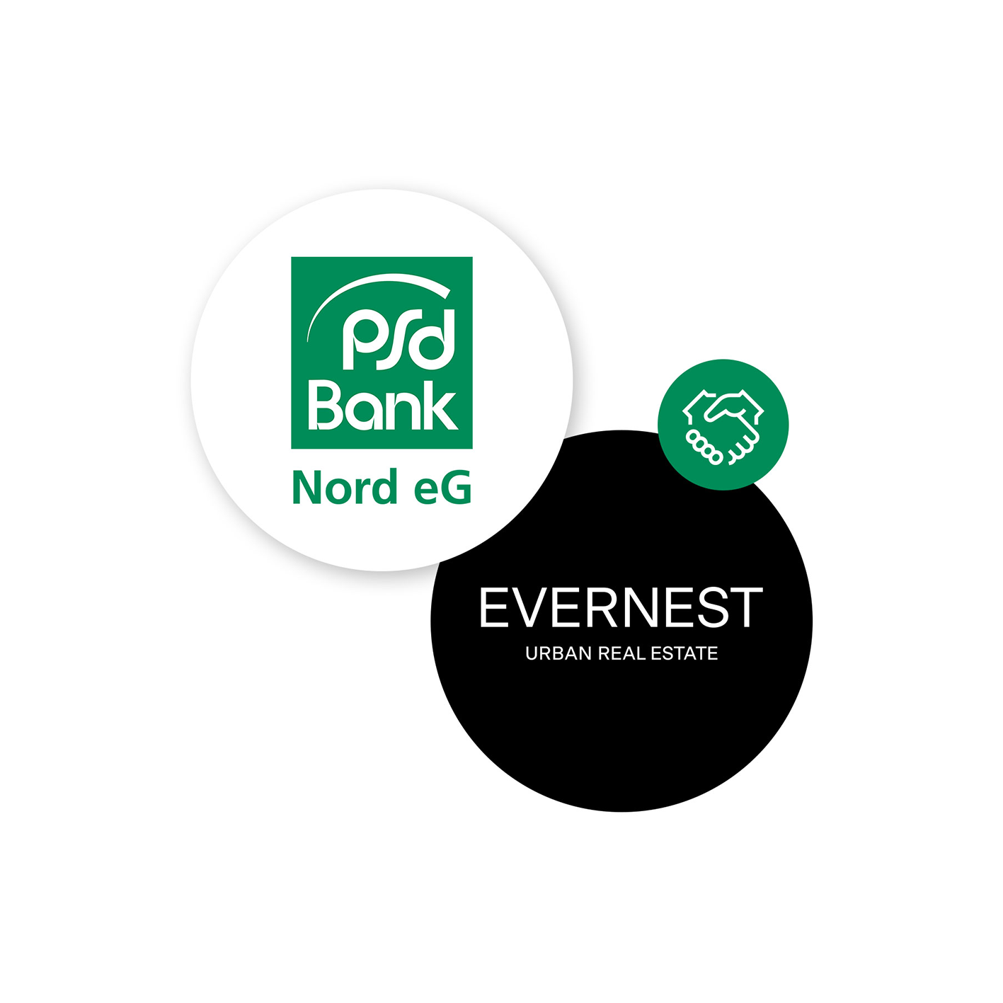 Drei Kreise mit Logos: PSD Bank Nord eG, EVERNEST Urban Real Estate und Symbol für Handschlag.