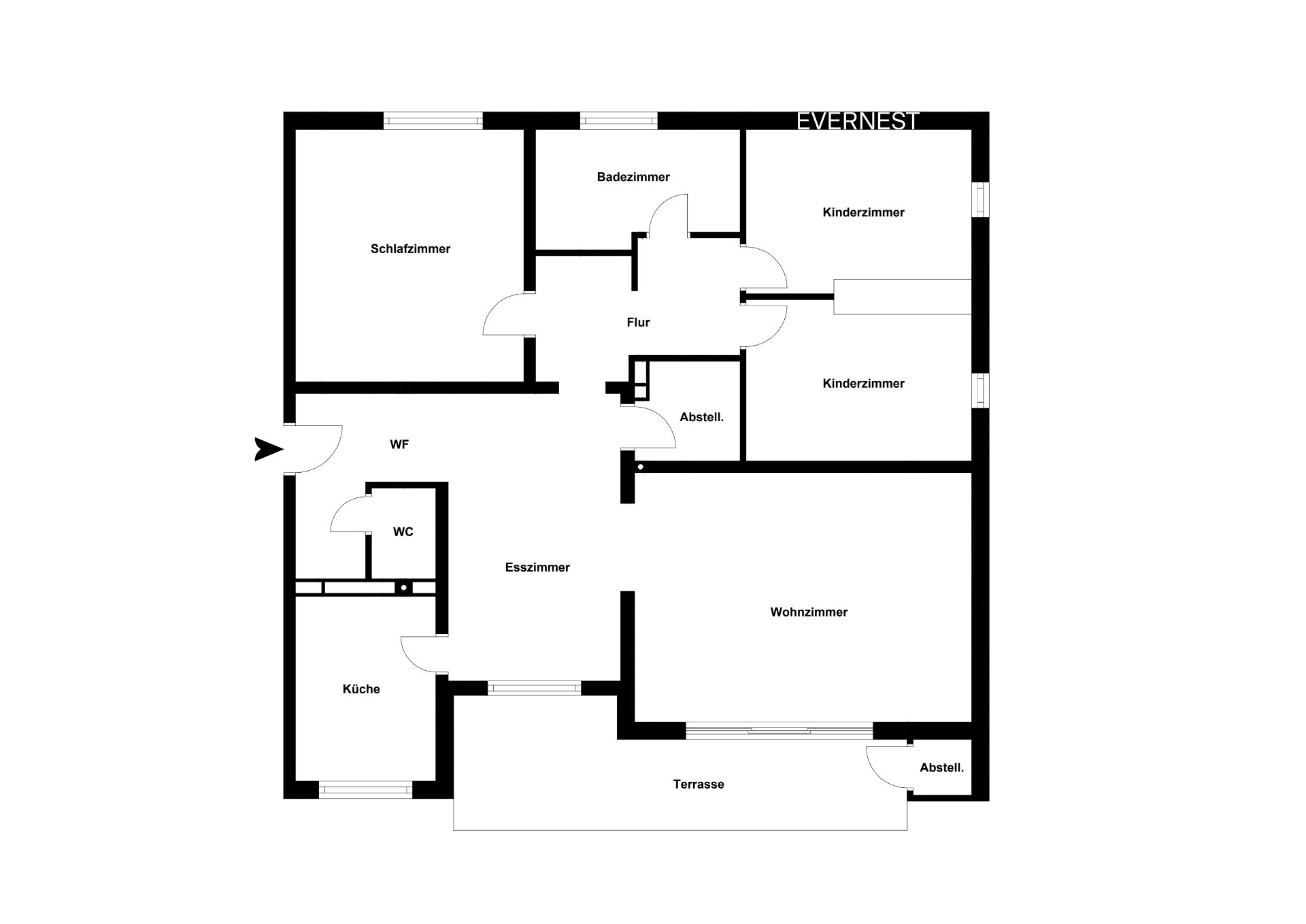 Grundriss einer Wohnung mit Schlafzimmer, Kinderzimmern, Wohnzimmer, Esszimmer, Küche und Terrasse.