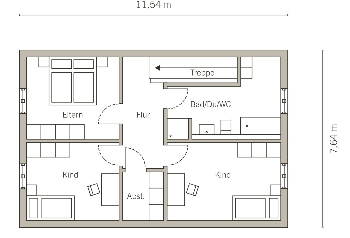 Grundriss mit Elternschlafzimmer, zwei Kinderzimmern, Bad, Flur, Treppe und Abstellraum.