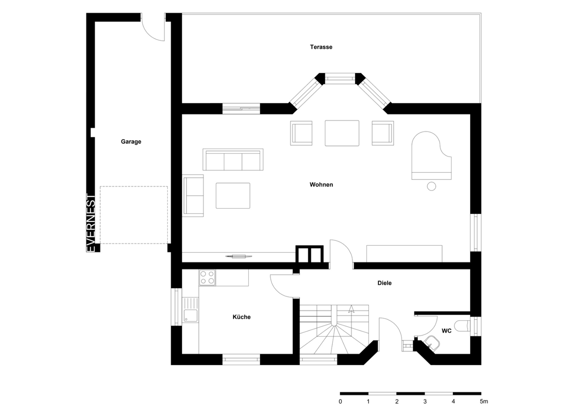 Grundriss eines Erdgeschosses mit Wohnzimmer, Küche, WC, Diele, Terrasse und Garage.