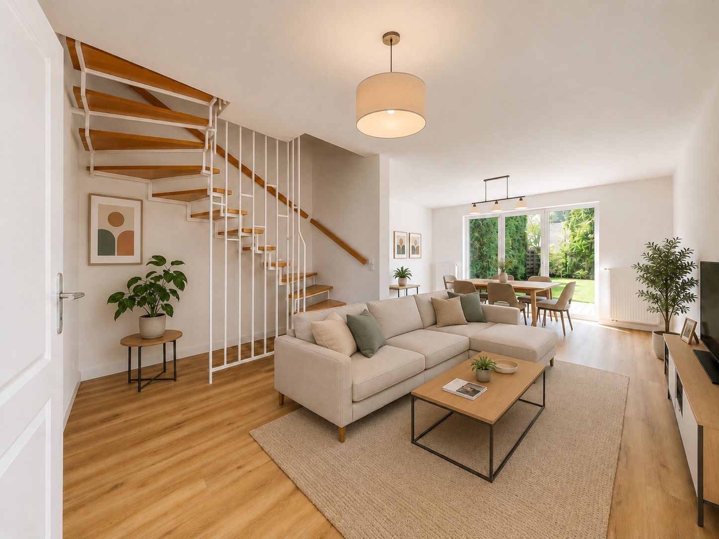 Modernes Wohnzimmer mit Holztreppe, Sofa, Couchtisch und großem Fenster mit Blick in den Garten.