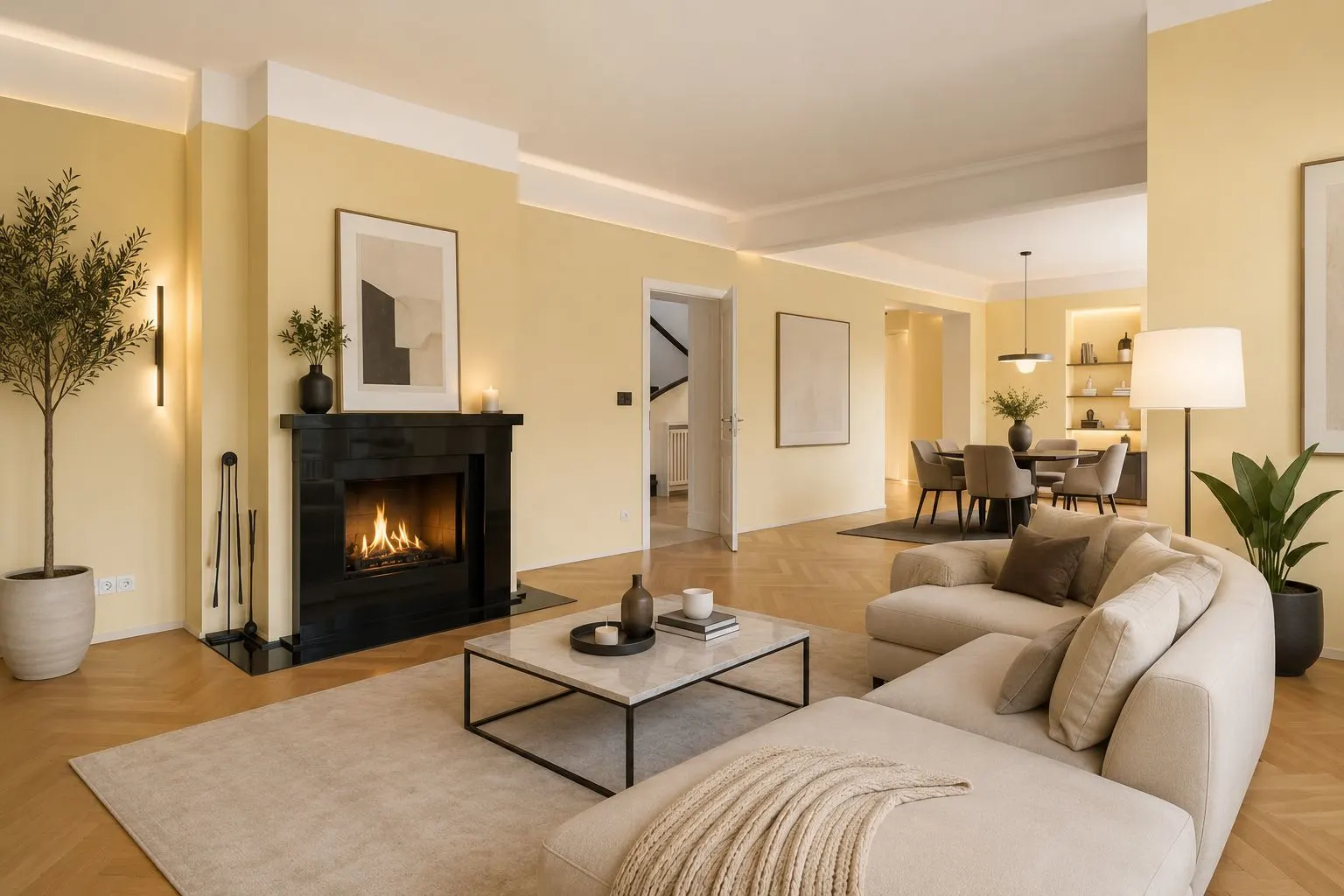 Helles Wohnzimmer mit Kamin, Sofa, Couchtisch und Essbereich im Hintergrund.