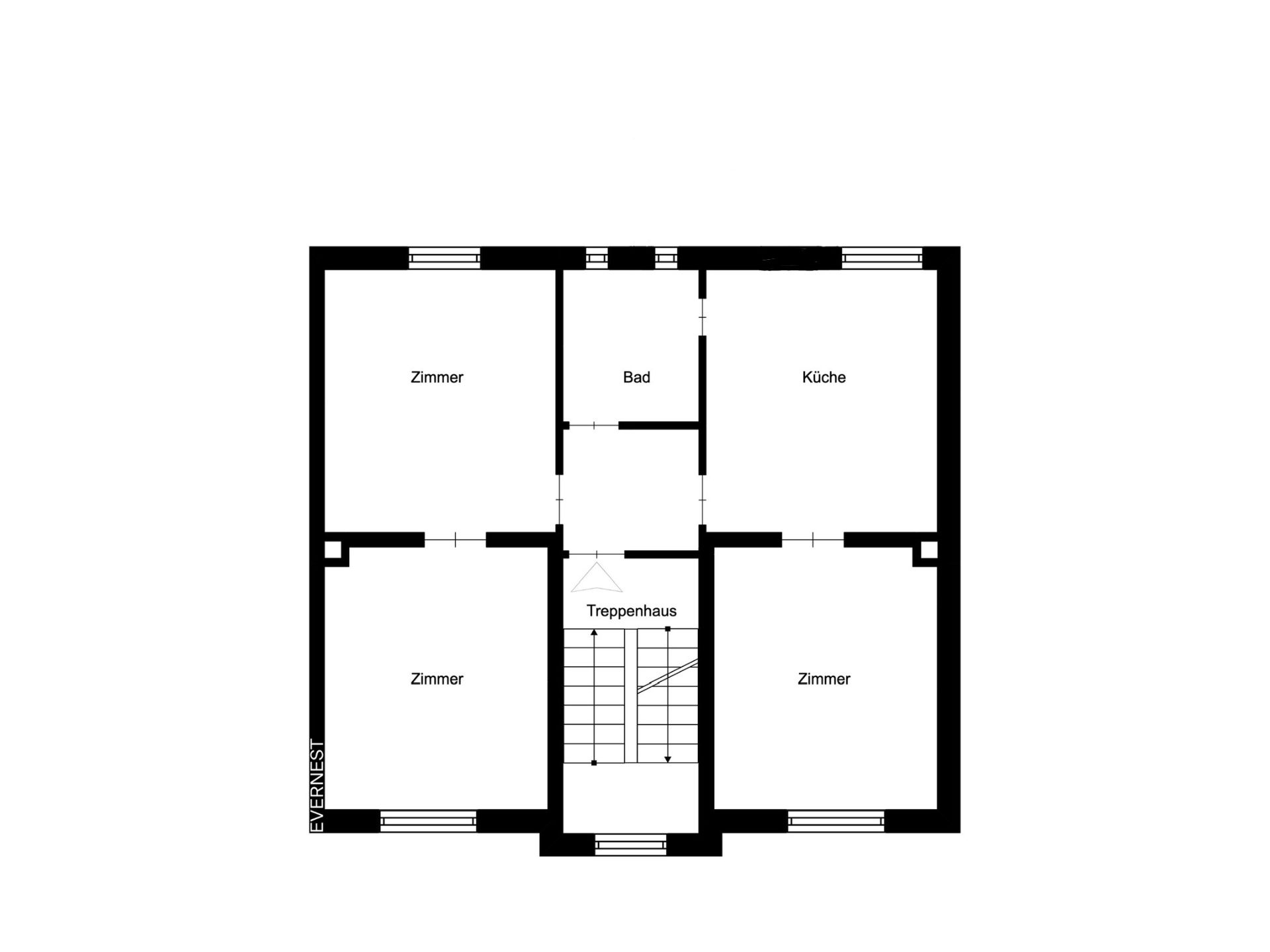 Grundriss mit vier Zimmern, Küche, Bad und Treppenhaus.