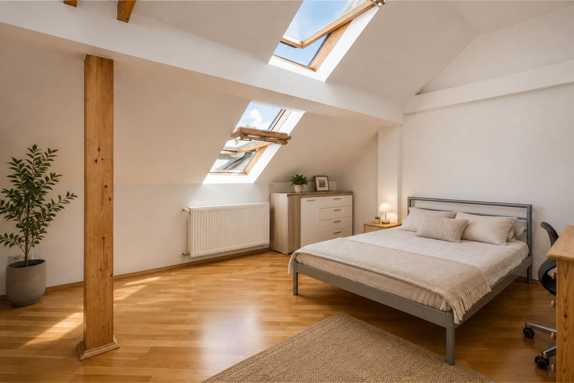 Helles Schlafzimmer mit Dachfenstern, Doppelbett, Holzboden und einer Kommode.