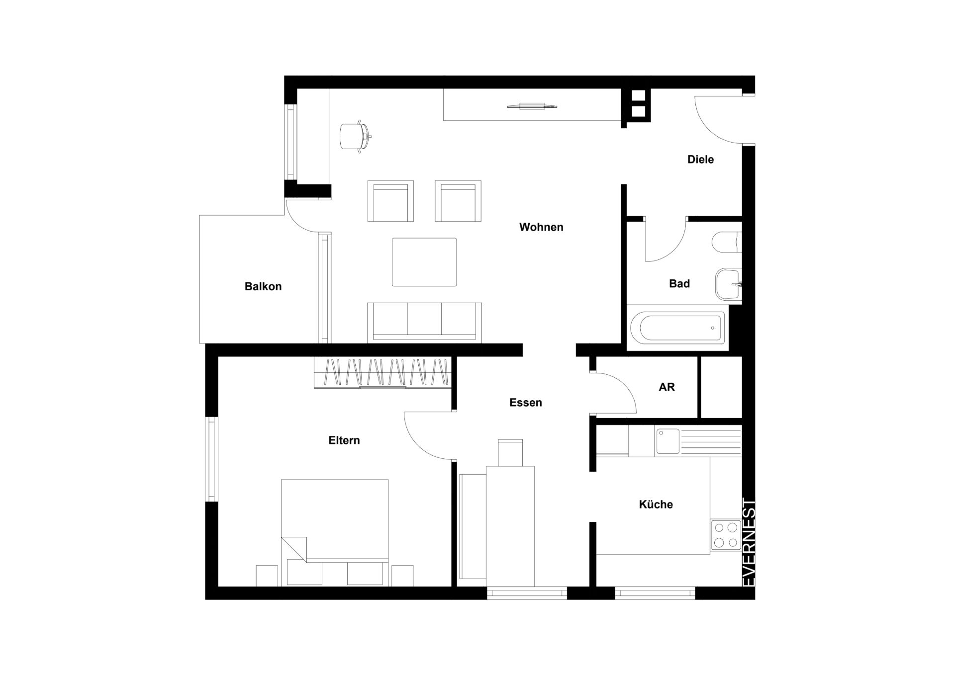 Grundriss einer Wohnung mit Wohnzimmer, Schlafzimmer, Küche, Bad, Essbereich und Balkon.