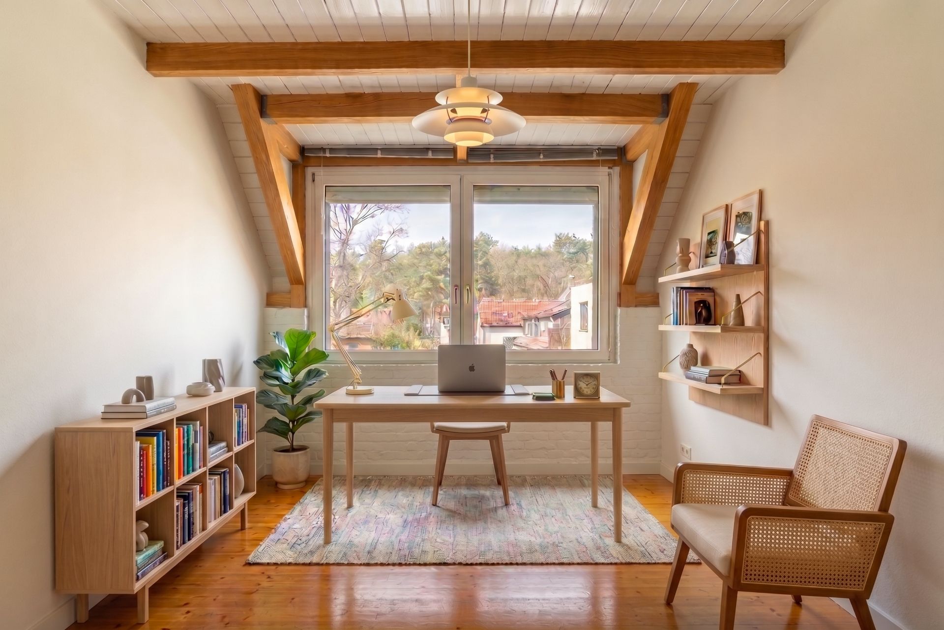 Helles Arbeitszimmer mit Schreibtisch, Bücherregal, Stuhl und großem Fenster.