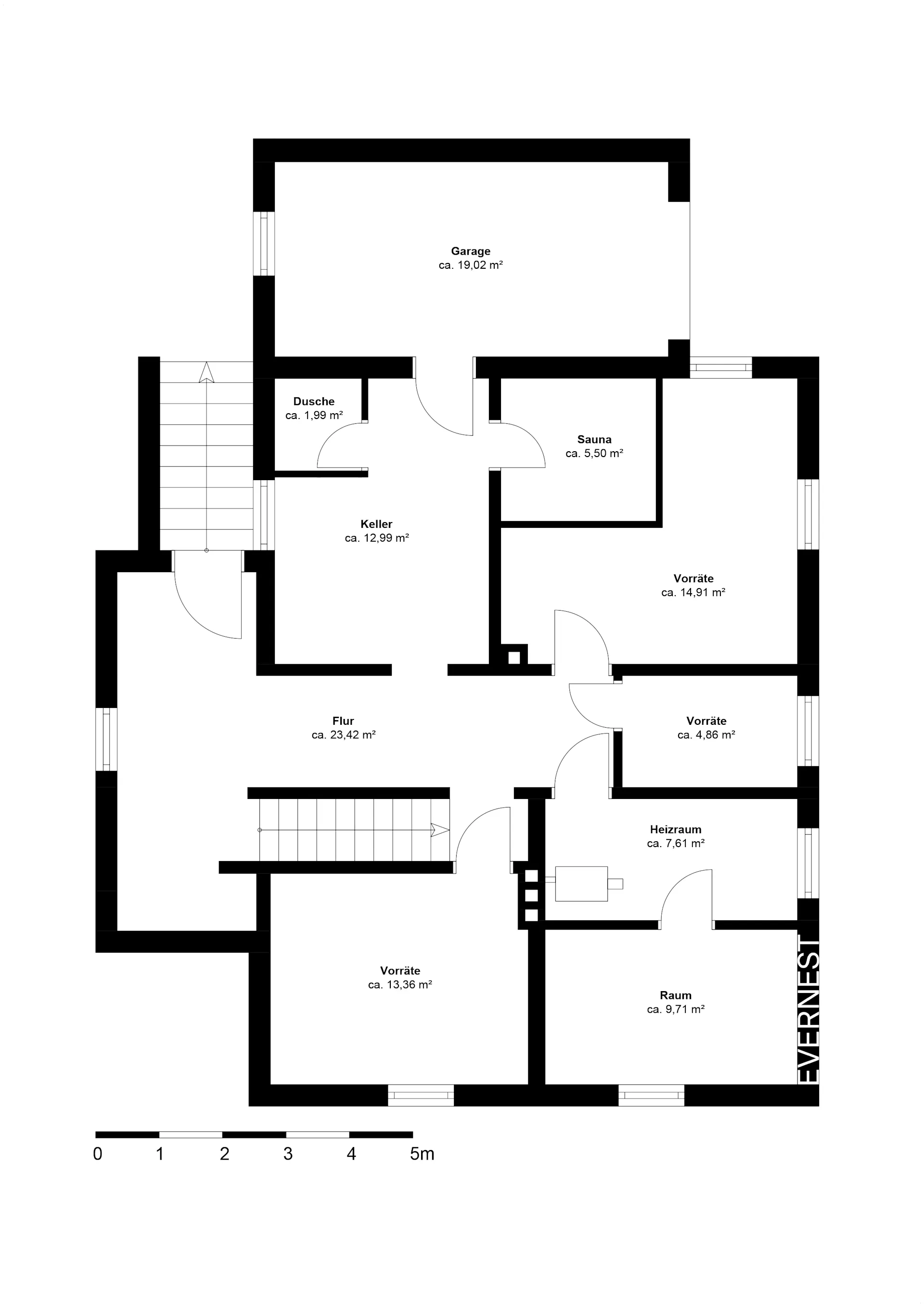 Grundriss eines Kellers mit Garage, Sauna, Dusche, Heizraum und mehreren Vorratsräumen.