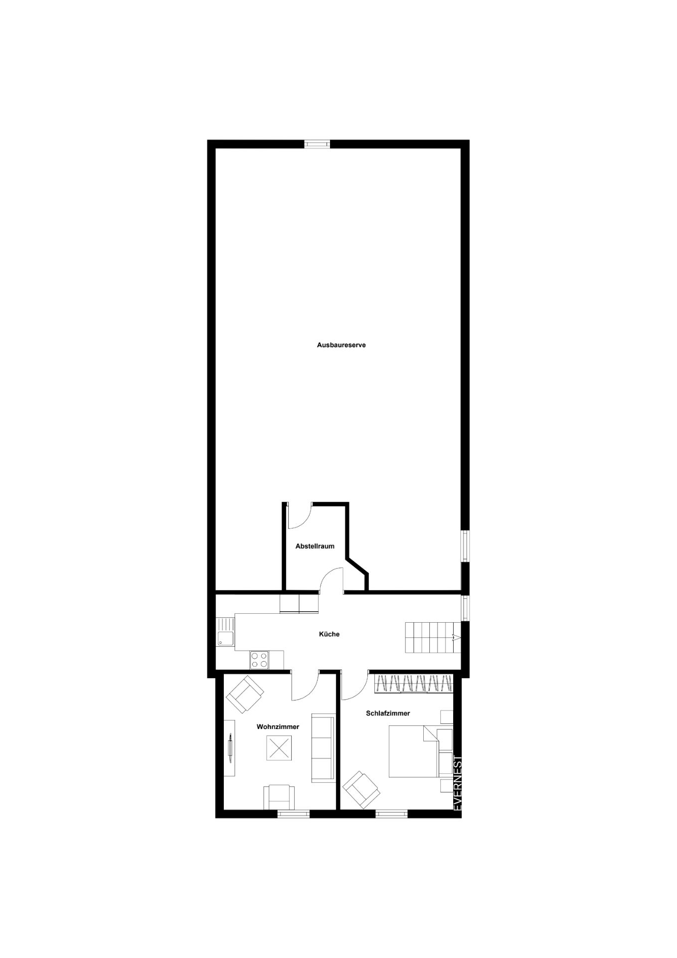 Grundriss mit Wohnzimmer, Schlafzimmer, Küche, Abstellraum und großer Ausbaureseve.
