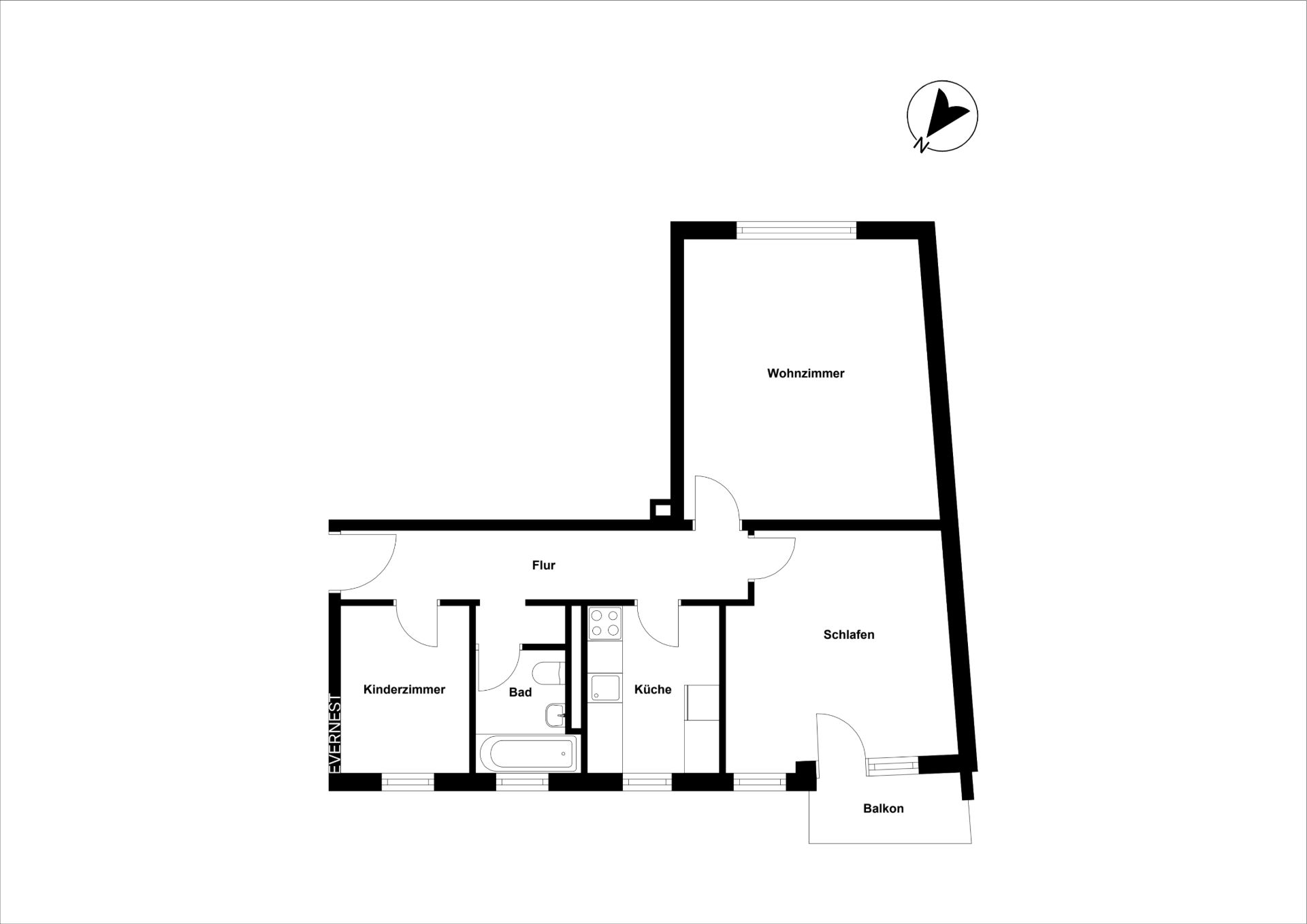 Wohnungsgrundriss mit Wohnzimmer, Schlafzimmer, Kinderzimmer, Küche, Bad, Flur und Balkon.