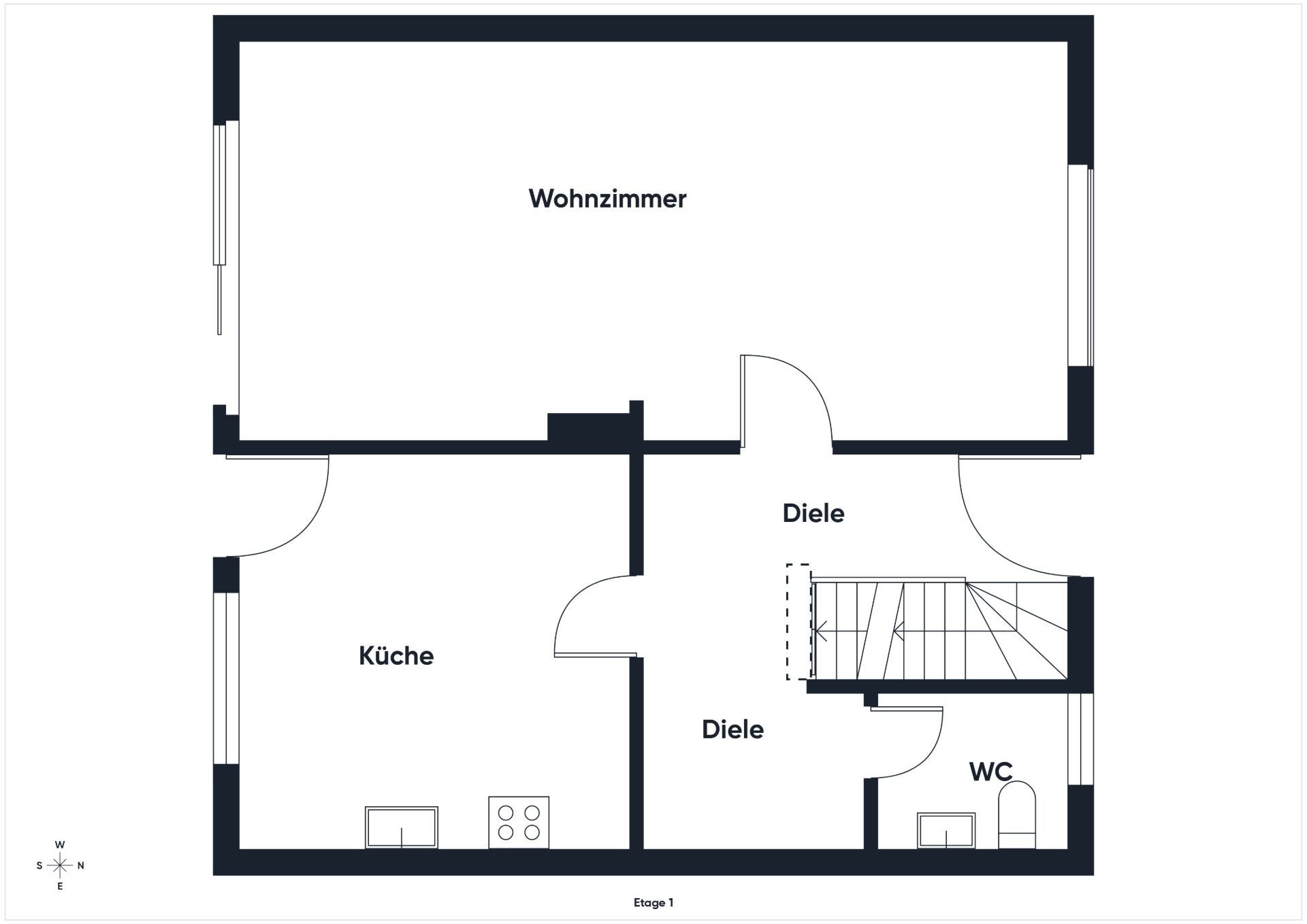 Grundriss mit Wohnzimmer, Küche, Diele, Treppe und WC.