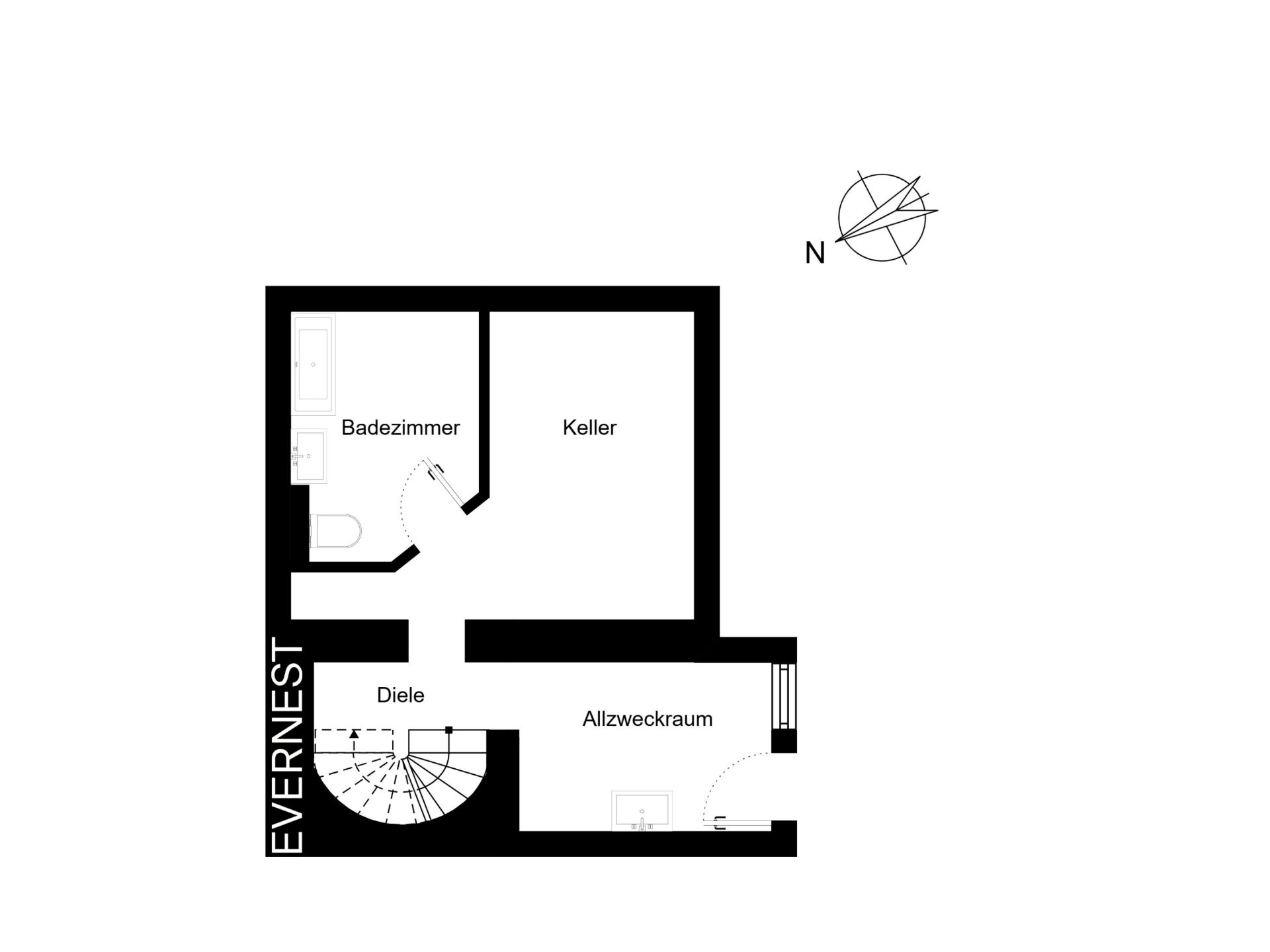 Grundriss mit Diele, Badezimmer, Keller und Allzweckraum, mit Treppe und Kompass.