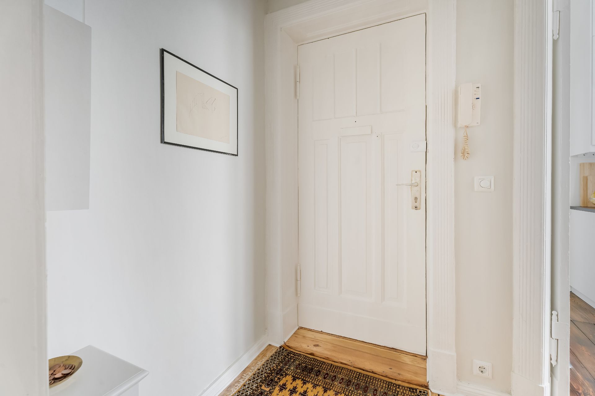 Helle Wohnungseingangstür mit Teppich, Wandbild und Gegensprechanlage.