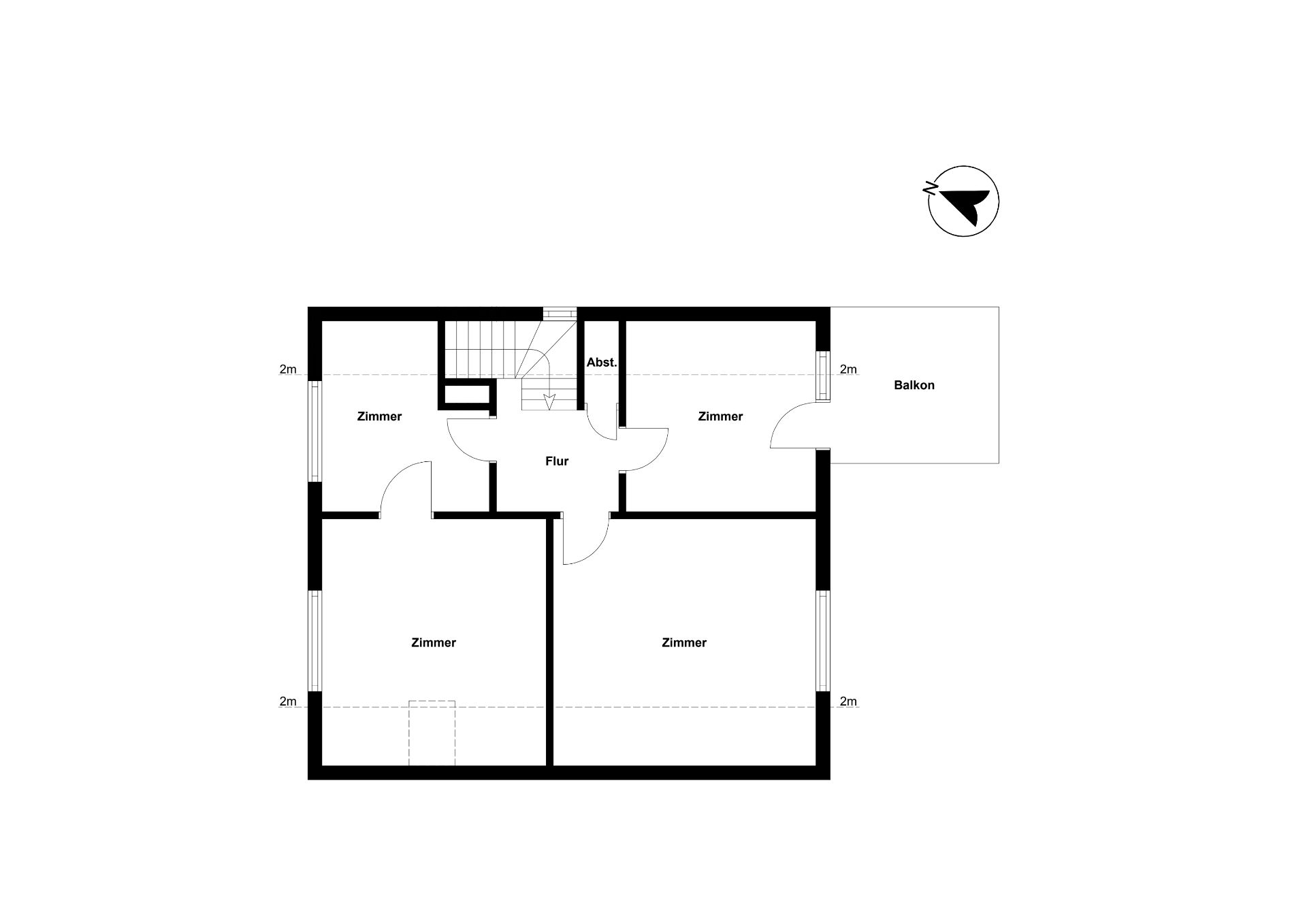 Grundriss mit vier Zimmern, Flur, Abstellraum und Balkon.