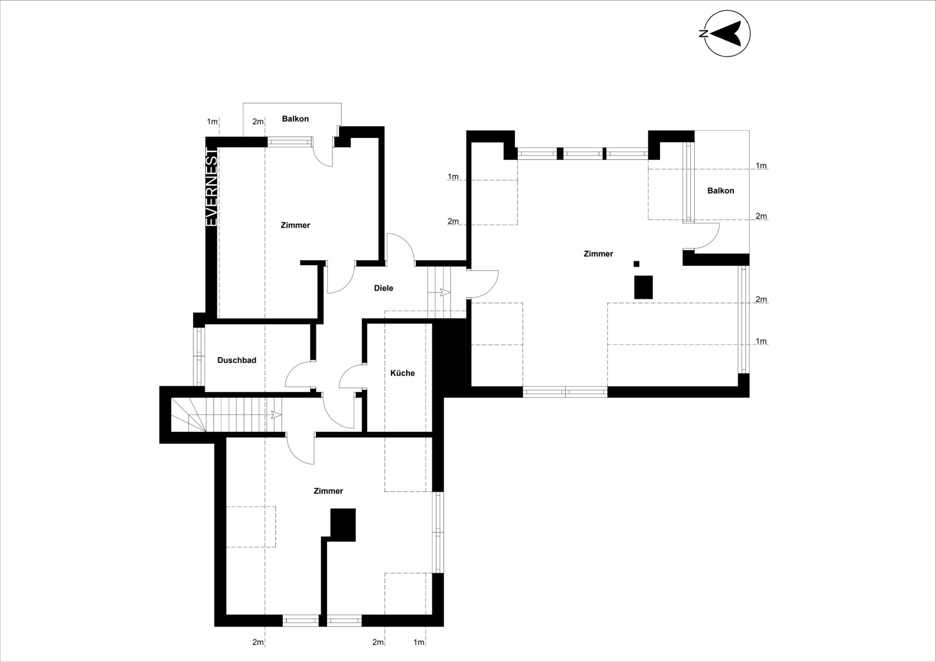 Grundriss einer Wohnung mit drei Zimmern, Küche, Duschbad, zwei Balkonen und Flur.