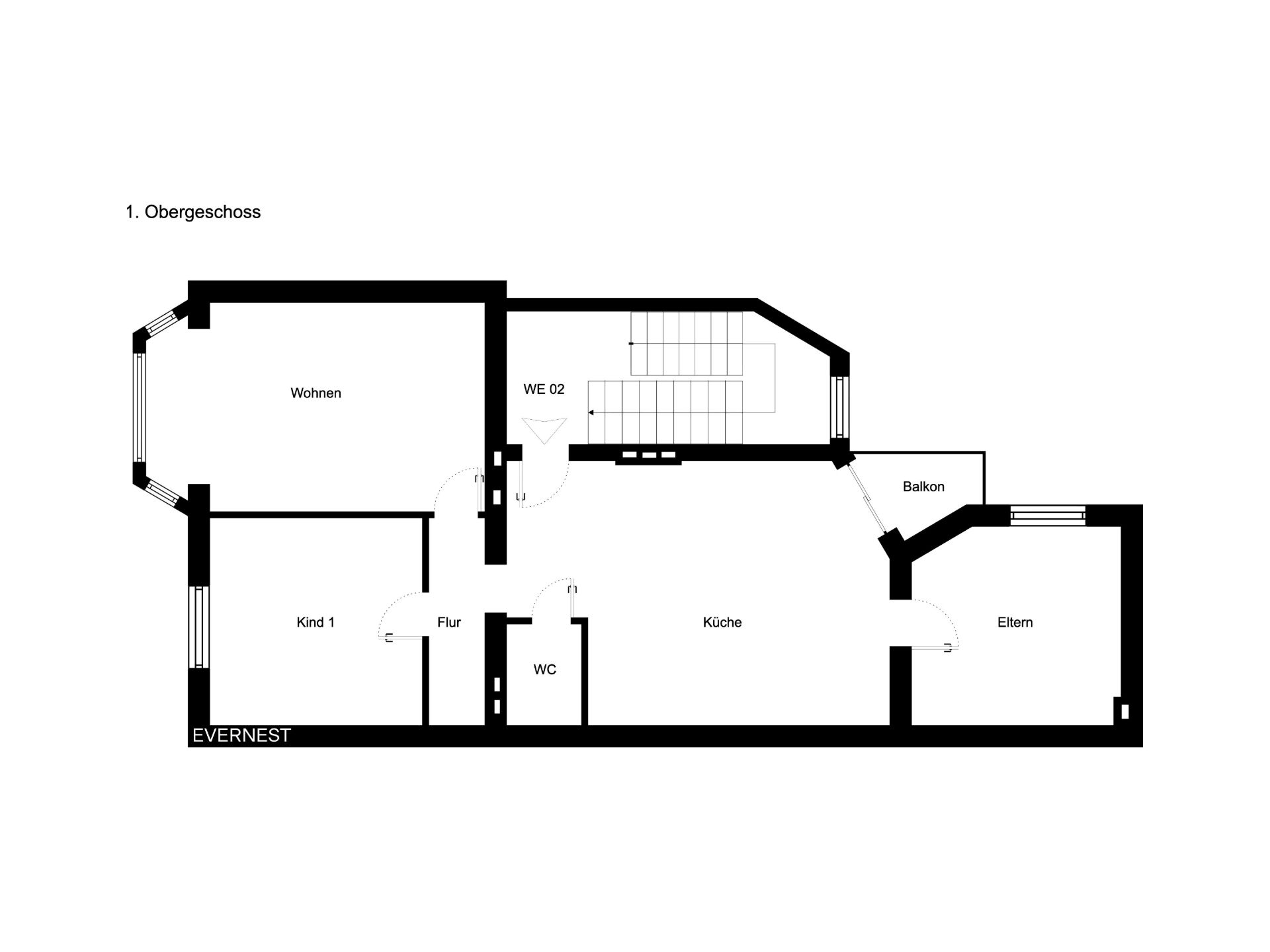 Grundriss einer Wohnung mit Wohn-, Kinder-, Elternzimmer, Küche, Flur, WC und Balkon.